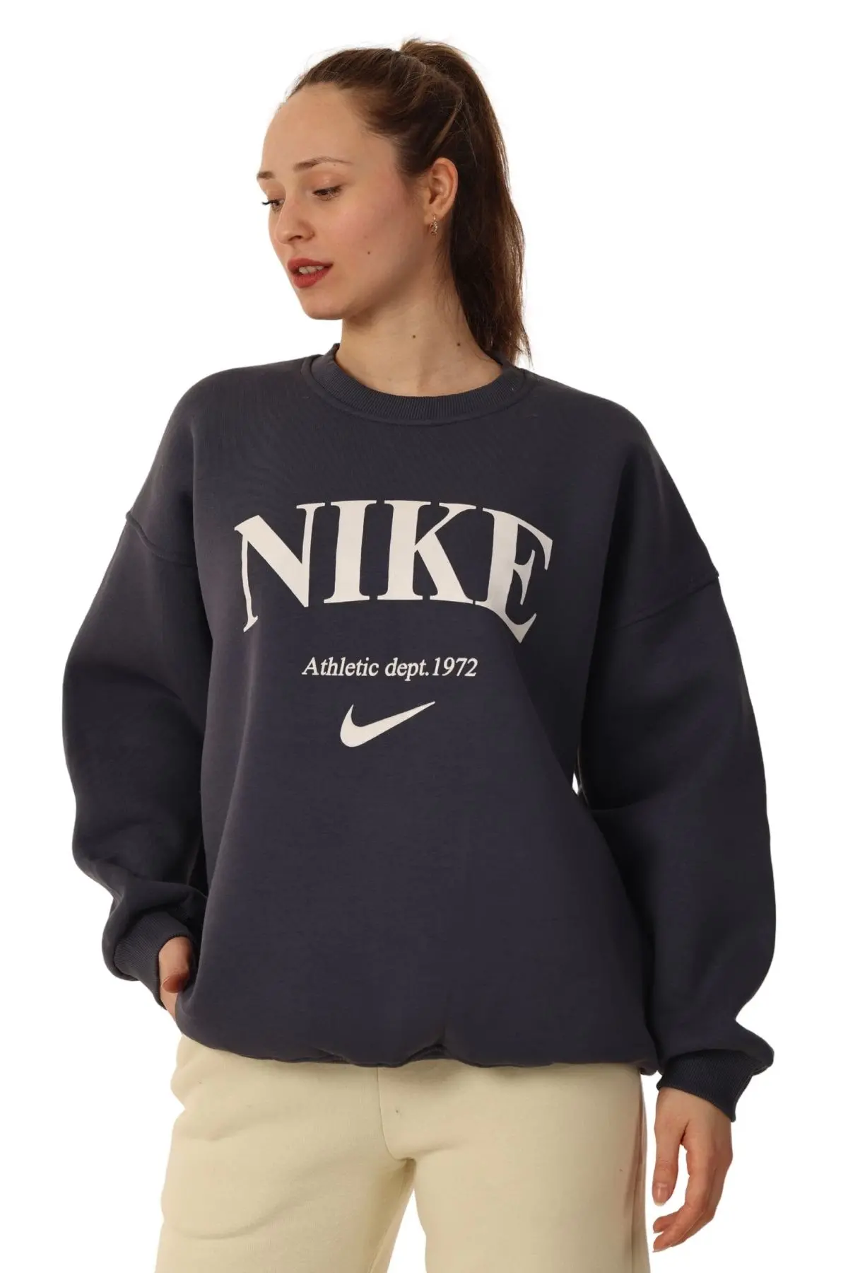 Kadın Bisiklet Yaka Desenli İçi Pamuklu Oversize Kalıp Sweatshirt Antrasit