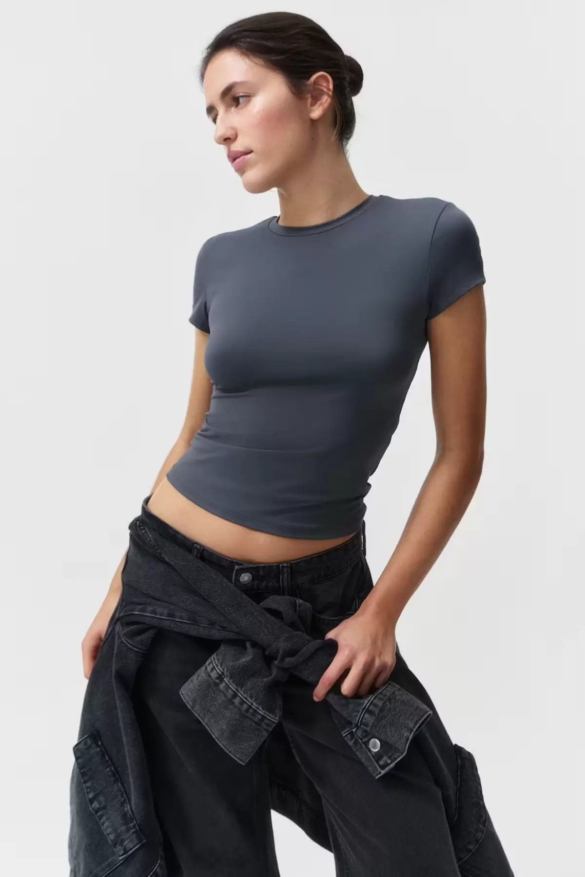Kadın Bisiklet Yaka Regular Kalıp T-shirt Antrasit