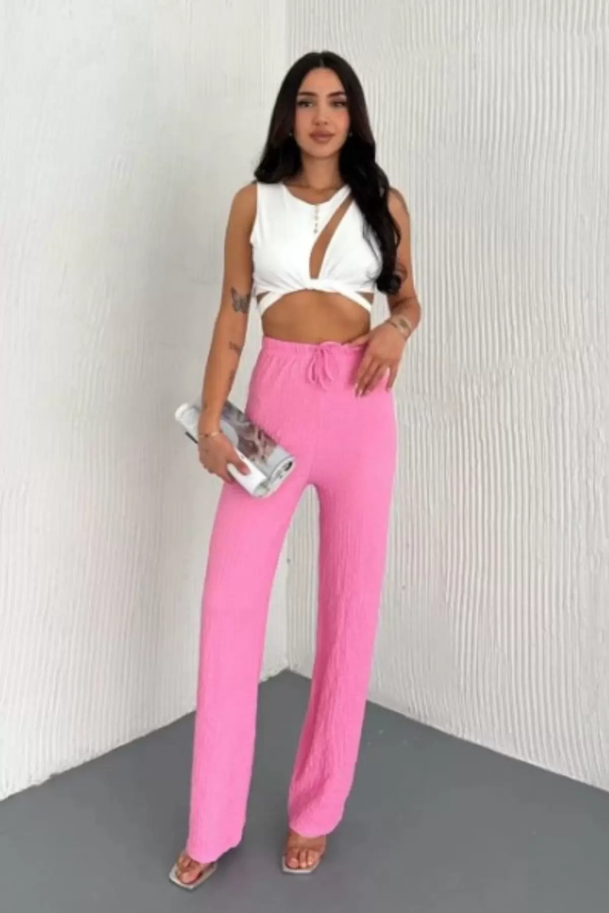 Kadın Bol Paça Bubble Gufre Kumaş Cepli Beli Lastikli Rahat Kalıp Pantolon Pembe