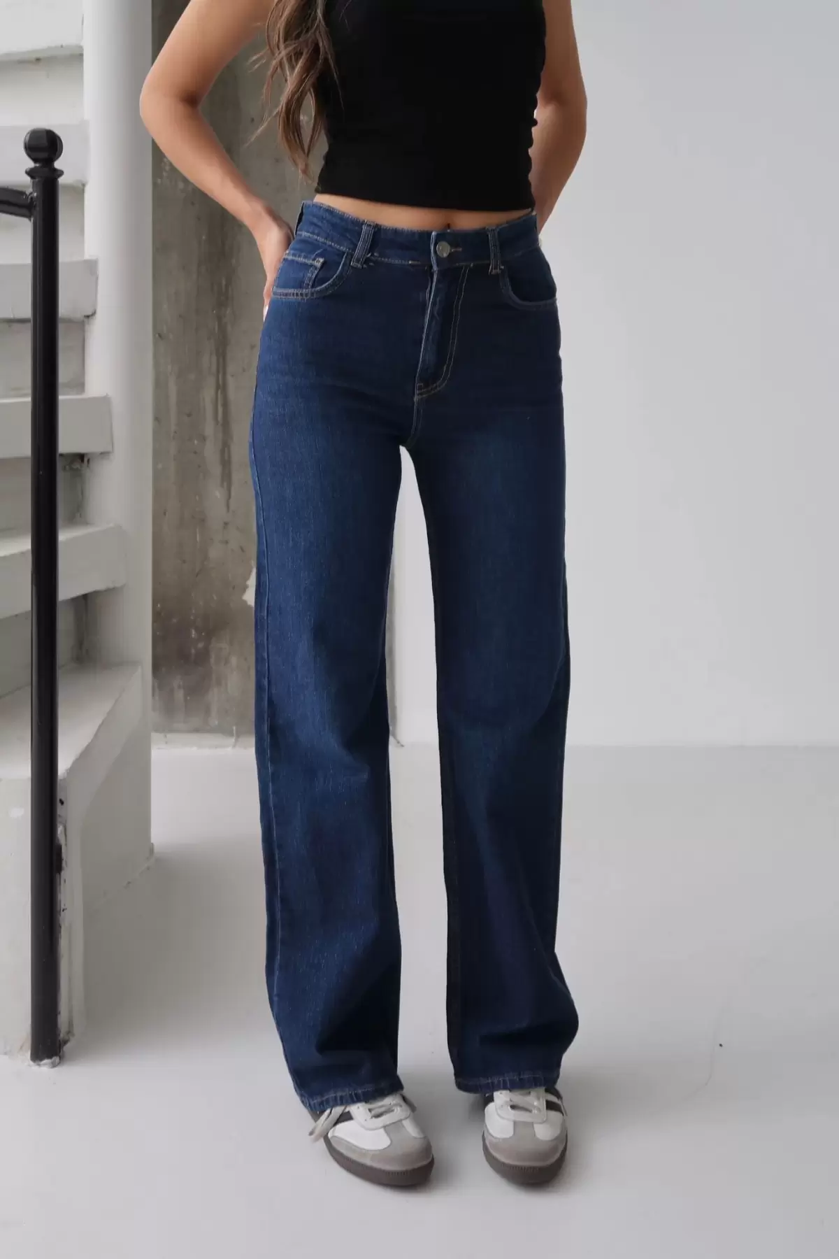 Kadın Geniş Bol Paça Regular Fit Jean Kot Pantolon Lacivert