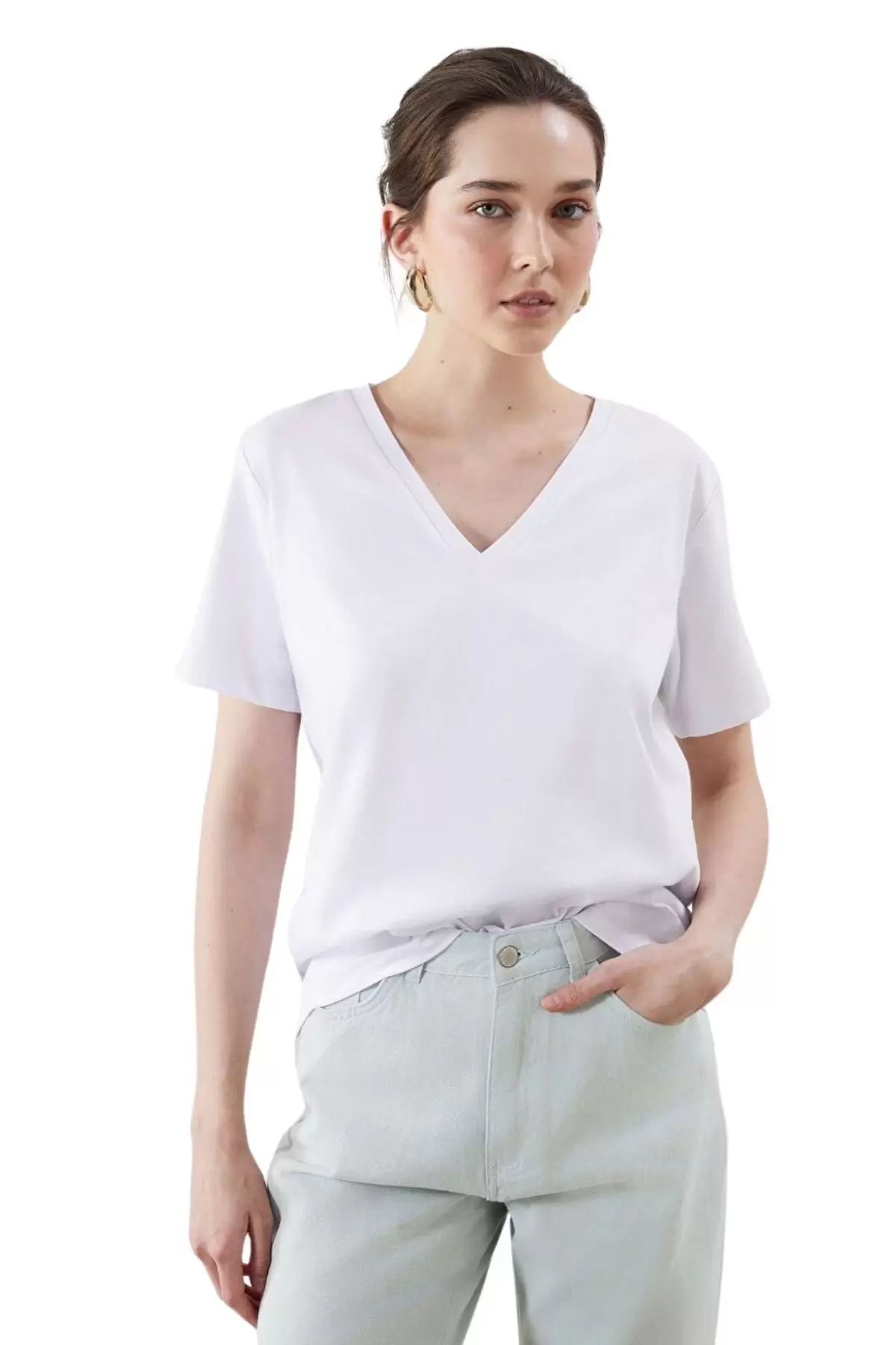 Kadın V Yaka Basic Pamuklu T-Shirt Beyaz