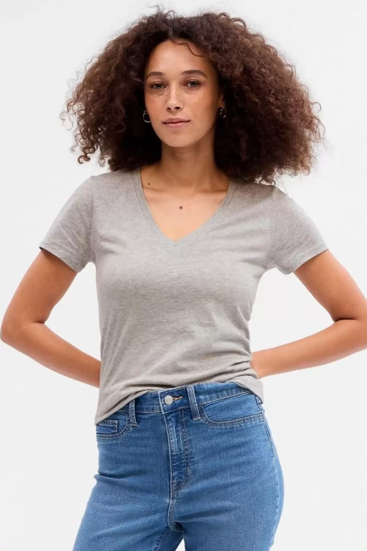 Kadın V Yaka Basic Pamuklu T-Shirt Gri