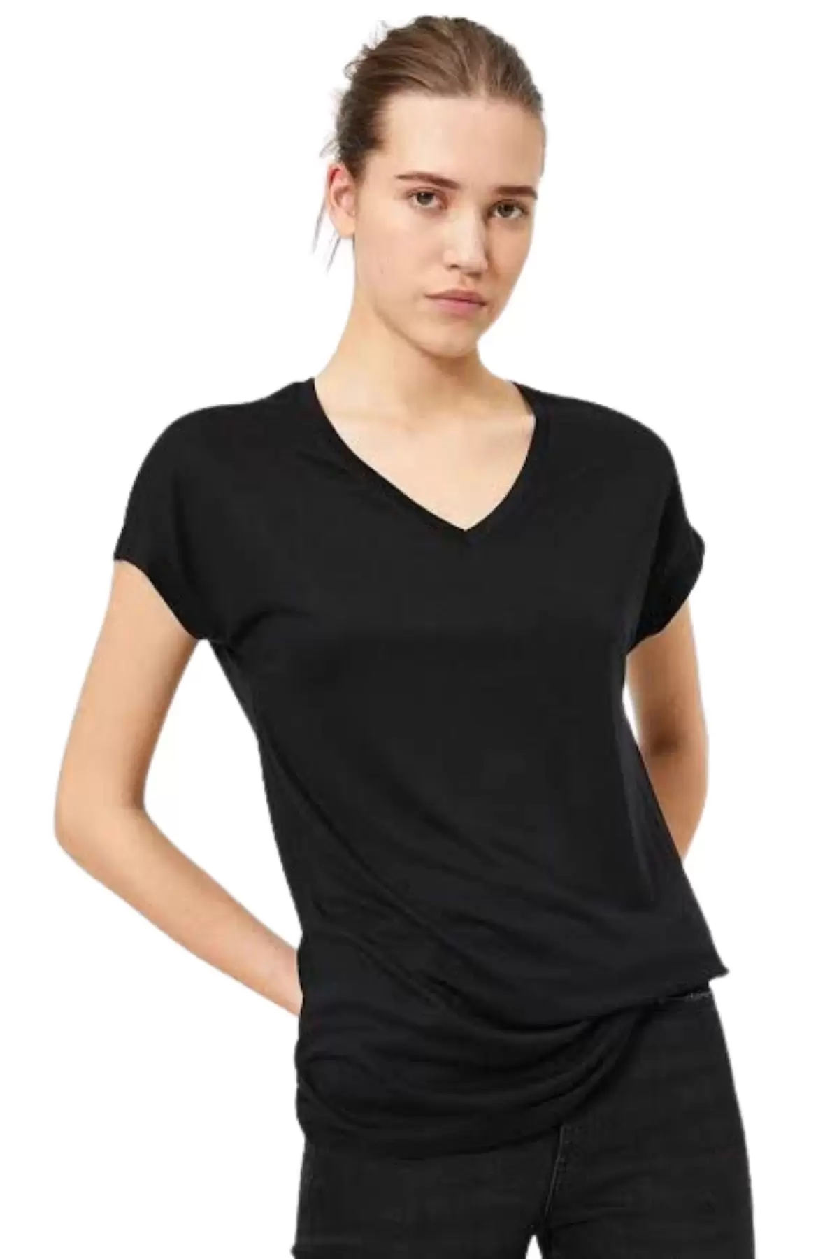 Kadın V Yaka Basic Pamuklu T-Shirt Siyah