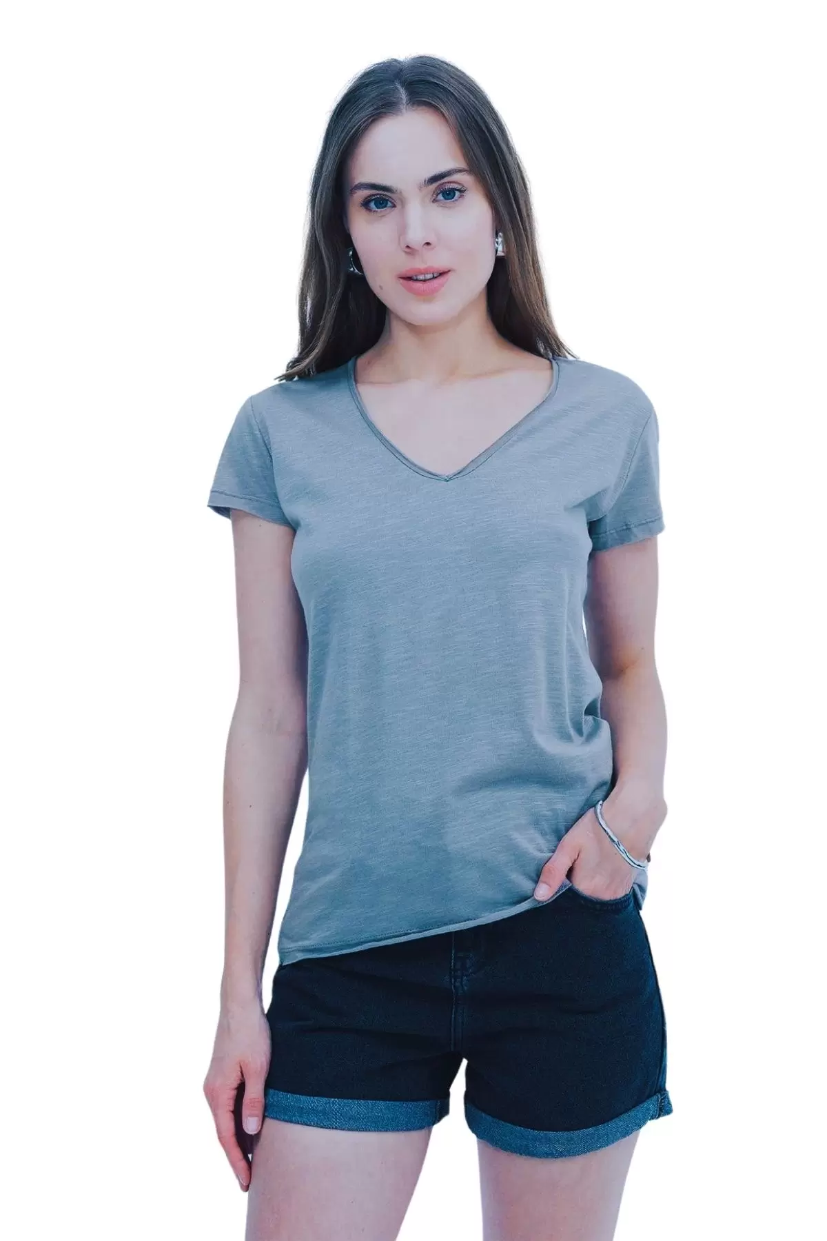 Kadın V Yaka Basic Pamuklu T-Shirt Soluk Mavi