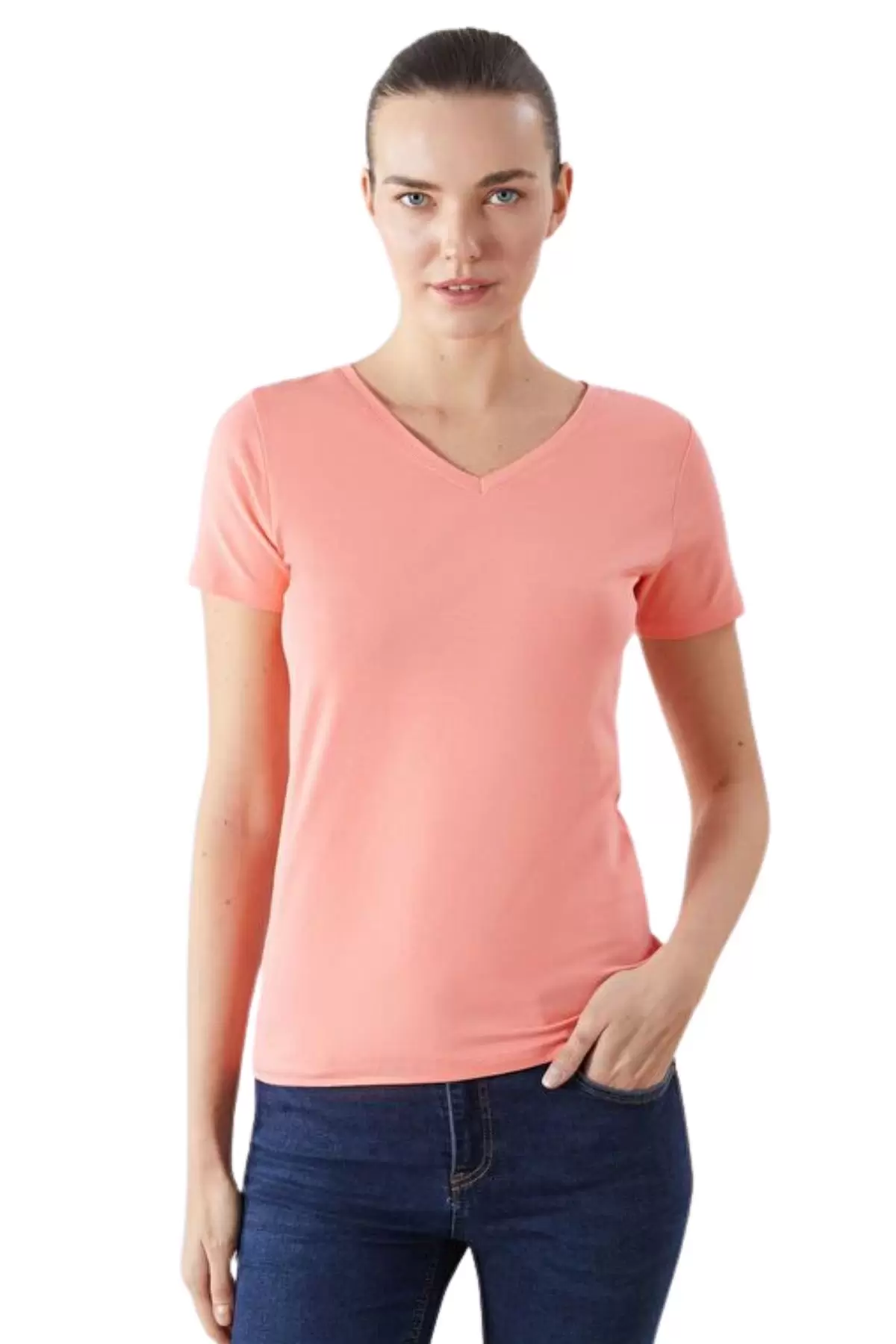 Kadın V Yaka Basic Pamuklu T-Shirt Toz Pembe