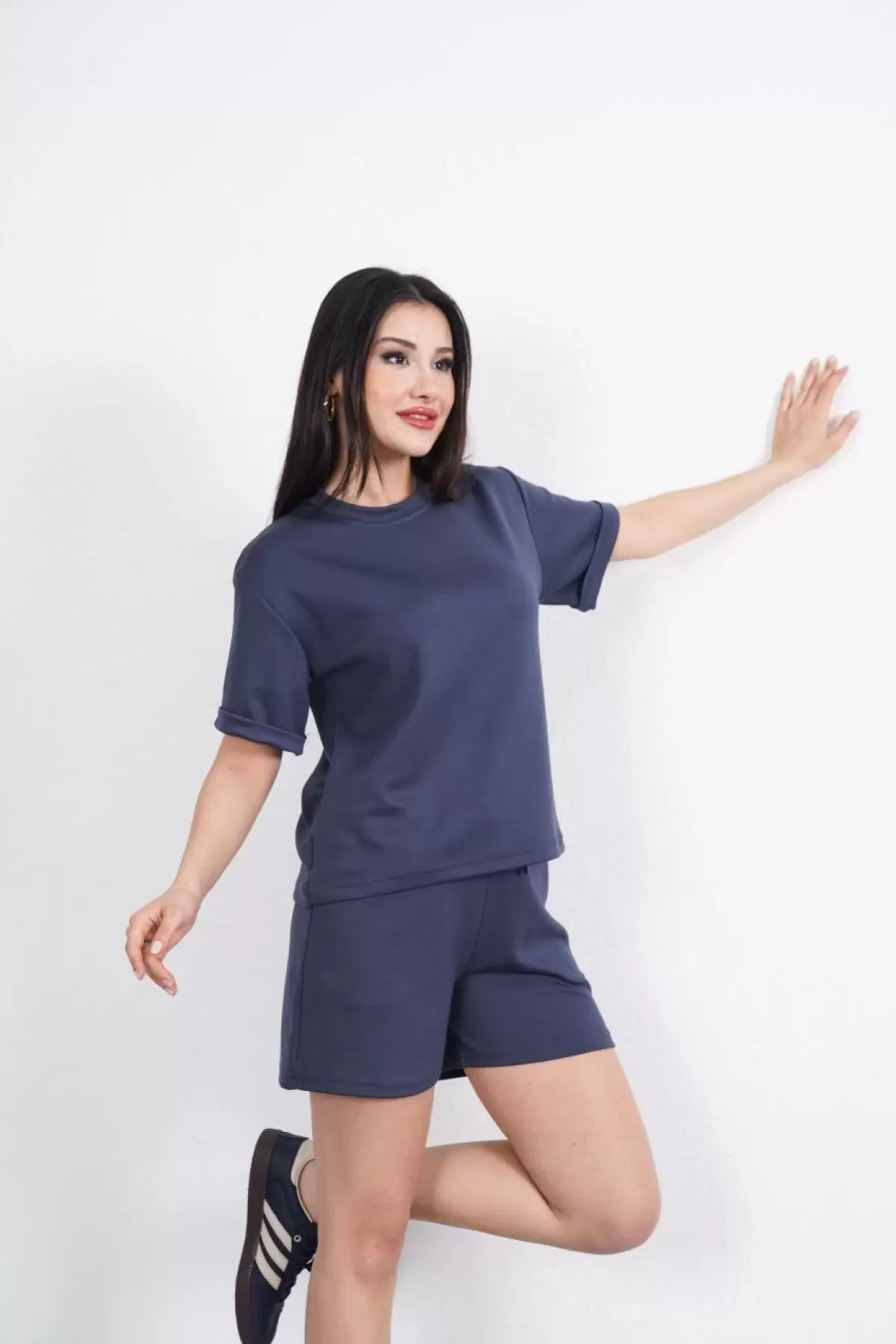 Osy Modal yumuşak dokulu Kumaş Kadın Bisiklet Yaka T-shirt Kısa Şort İkili Takım - Antrasit