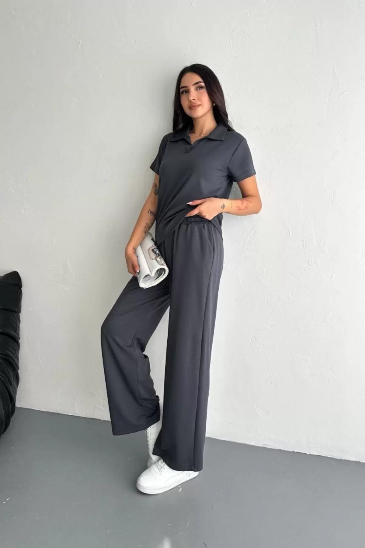 Osy Modal Yumuşak Dokulu Kumaş Kısa Kollu Yakalı T-shirt Pantalon ikili Takım- Antrasit