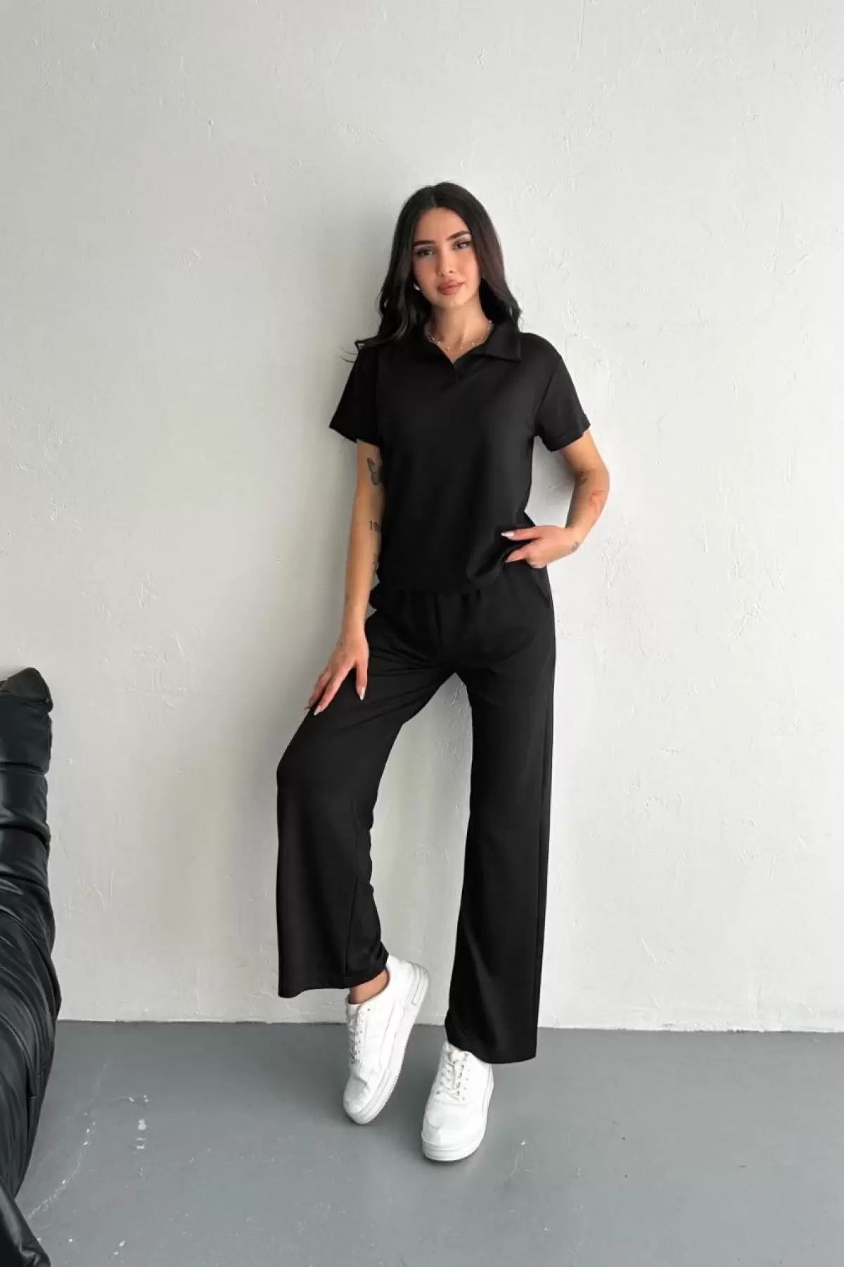 Osy Modal Yumuşak Dokulu Kumaş Kısa Kollu Yakalı T-shirt Pantalon ikili Takım- Siyah