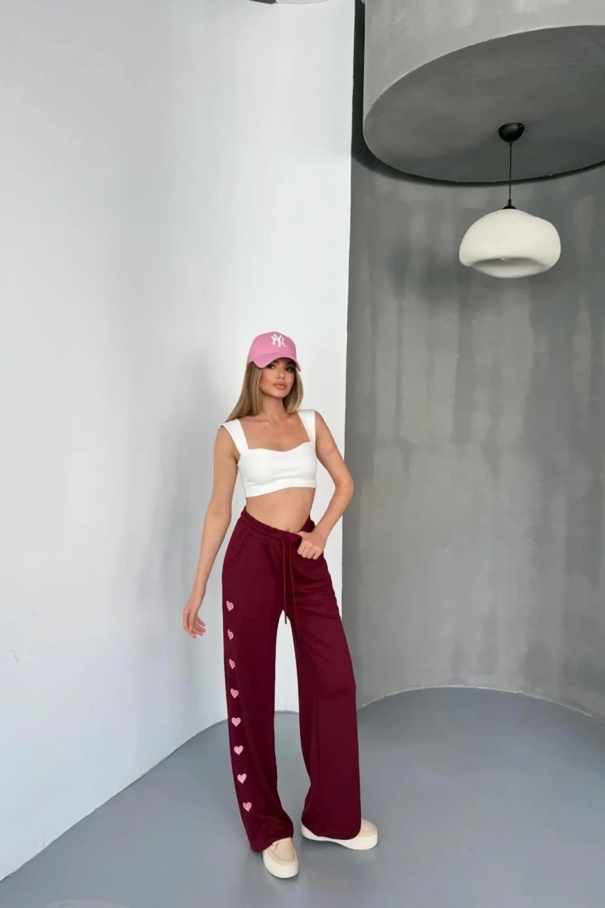 Osy Modal Yumuşak Dokulu Kumaş Nakış işlemeli Rahat Bol Paça Eşofman Pantalon - Bordo