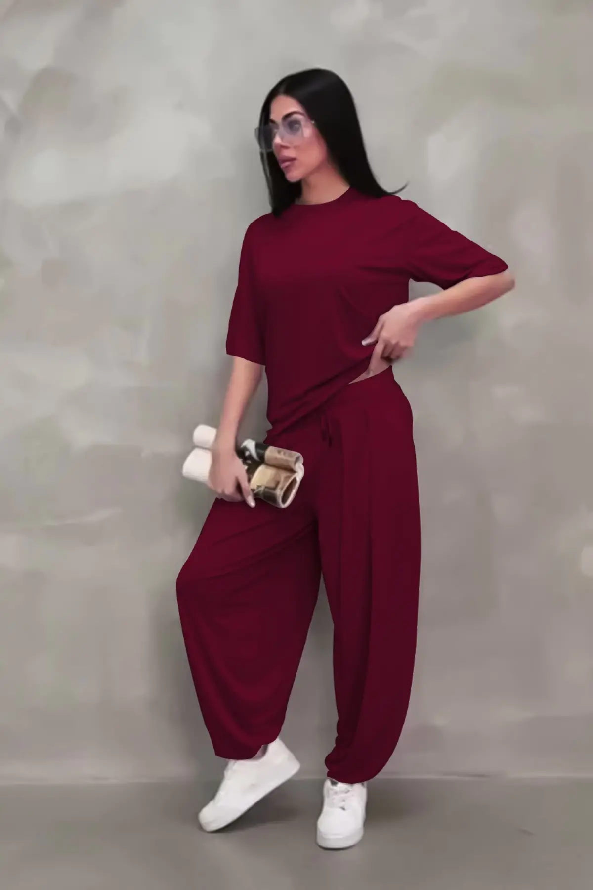 Osy Modal Yumuşak Dokulu Kumaş Oversize Bisiklet Yaka T-shirt Jogger Eşofman Altı Eşofman Takımı - Bordo