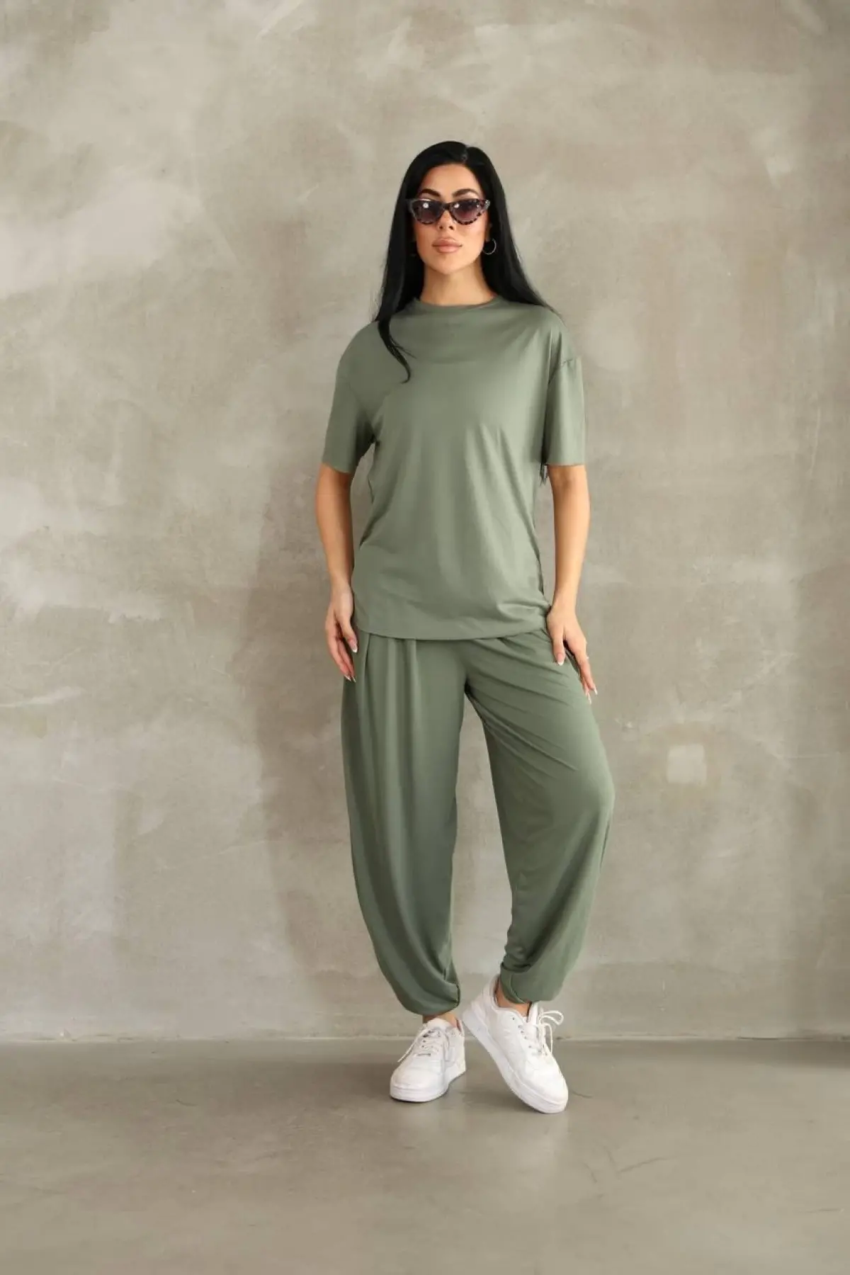 Osy Modal Yumuşak Dokulu Kumaş Oversize Bisiklet Yaka T-shirt Jogger Eşofman Altı Eşofman Takımı - Haki