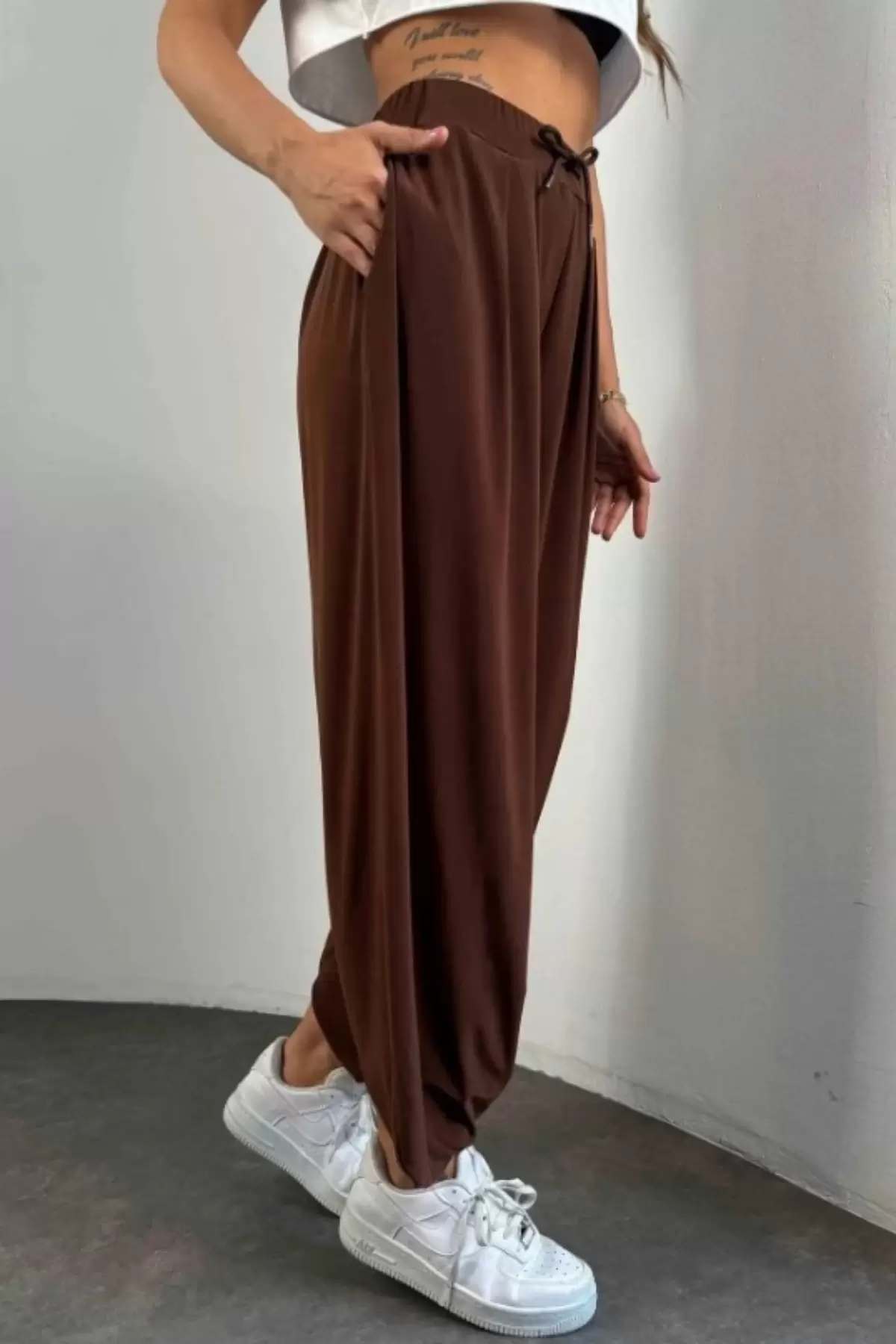 Osy Modal Yumuşak Dokulu Kumaş Şalvar Pantalon-Kahverengi