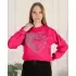 Kadın Taşlı Kalp Desen Bisiklet Yaka Alt İp Bağlamalı 3 İplik Şardonlu Sweatshirt Fuşya