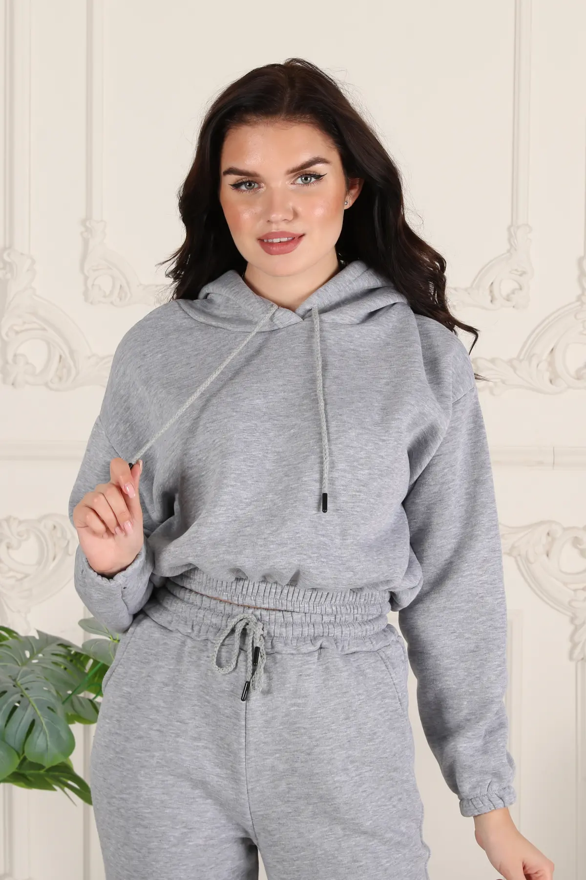 Kadın 3 İplik Şardonlu, Kapşonlu Sweatshirt - Eşofman altı Takım Gri