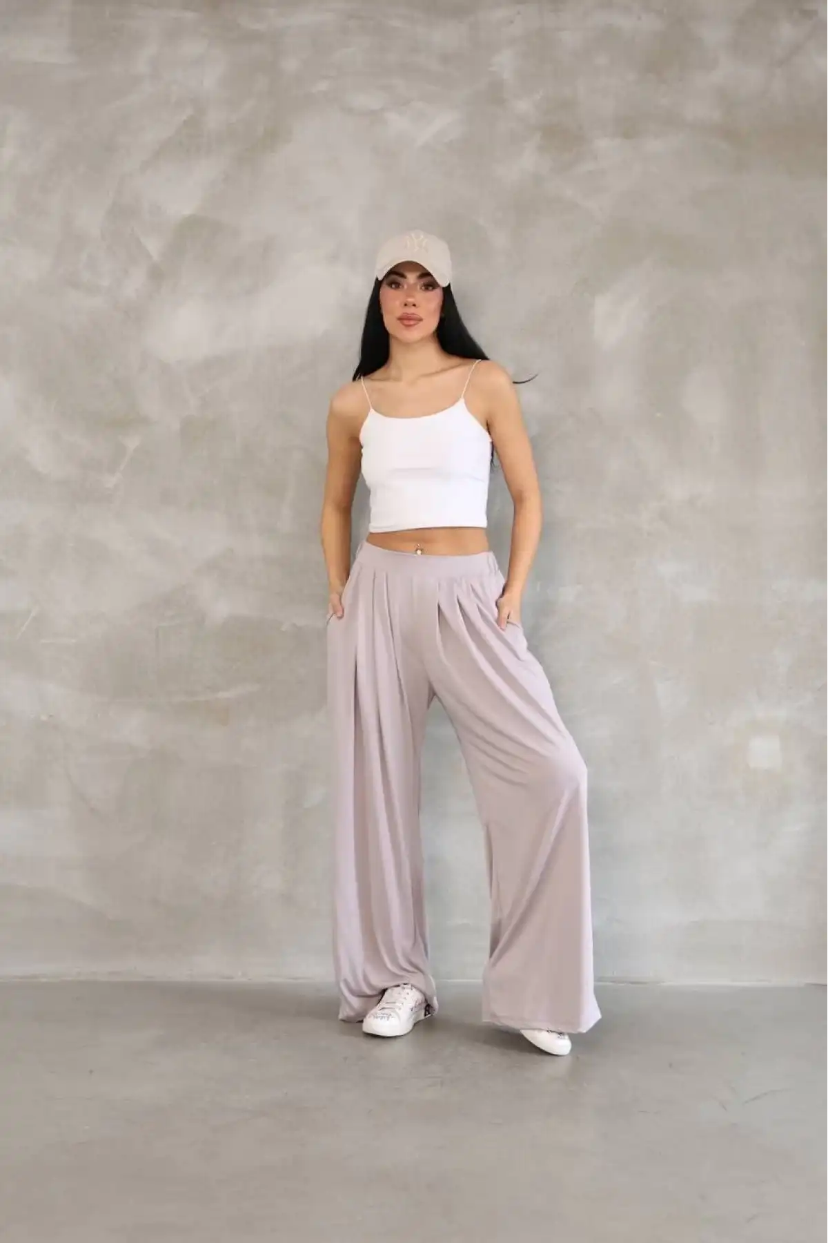 Osy Modal Yumuşak Dokulu Kadın Kumaş Boru Paça Salaş Eşofman - Bej