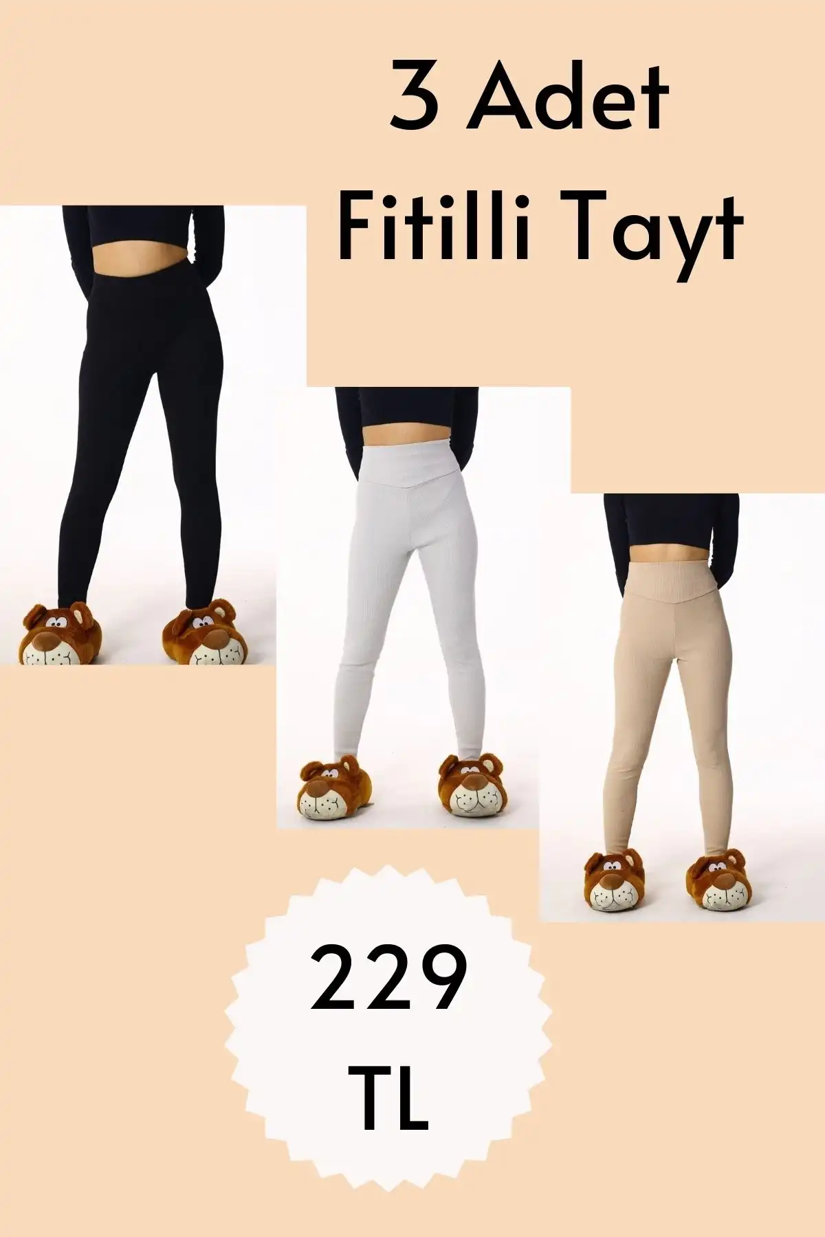 3 Adet Yüksek Bel Fitilli Toparlayıcılı Karışık Renkli Tayt