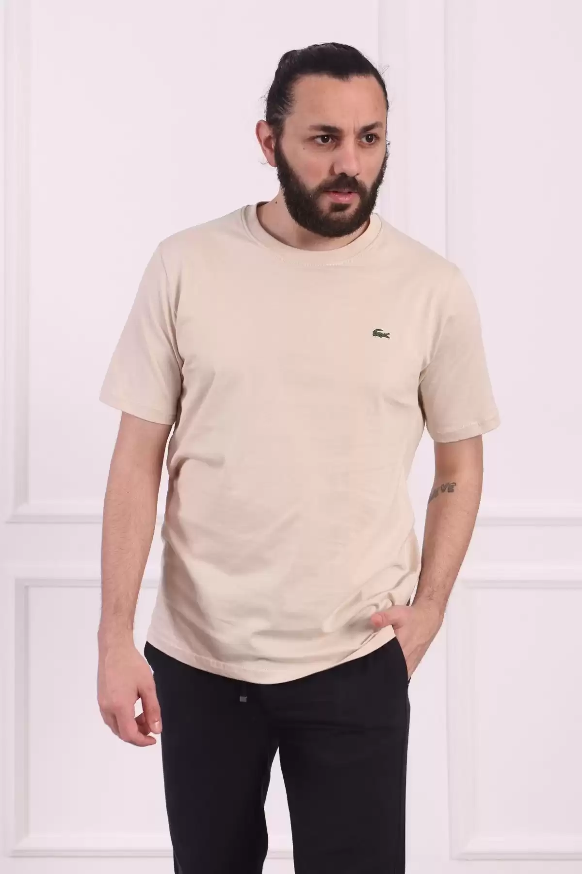 Erkek Bisiklet Yaka Pamuklu Regular Fit Tişört Bej