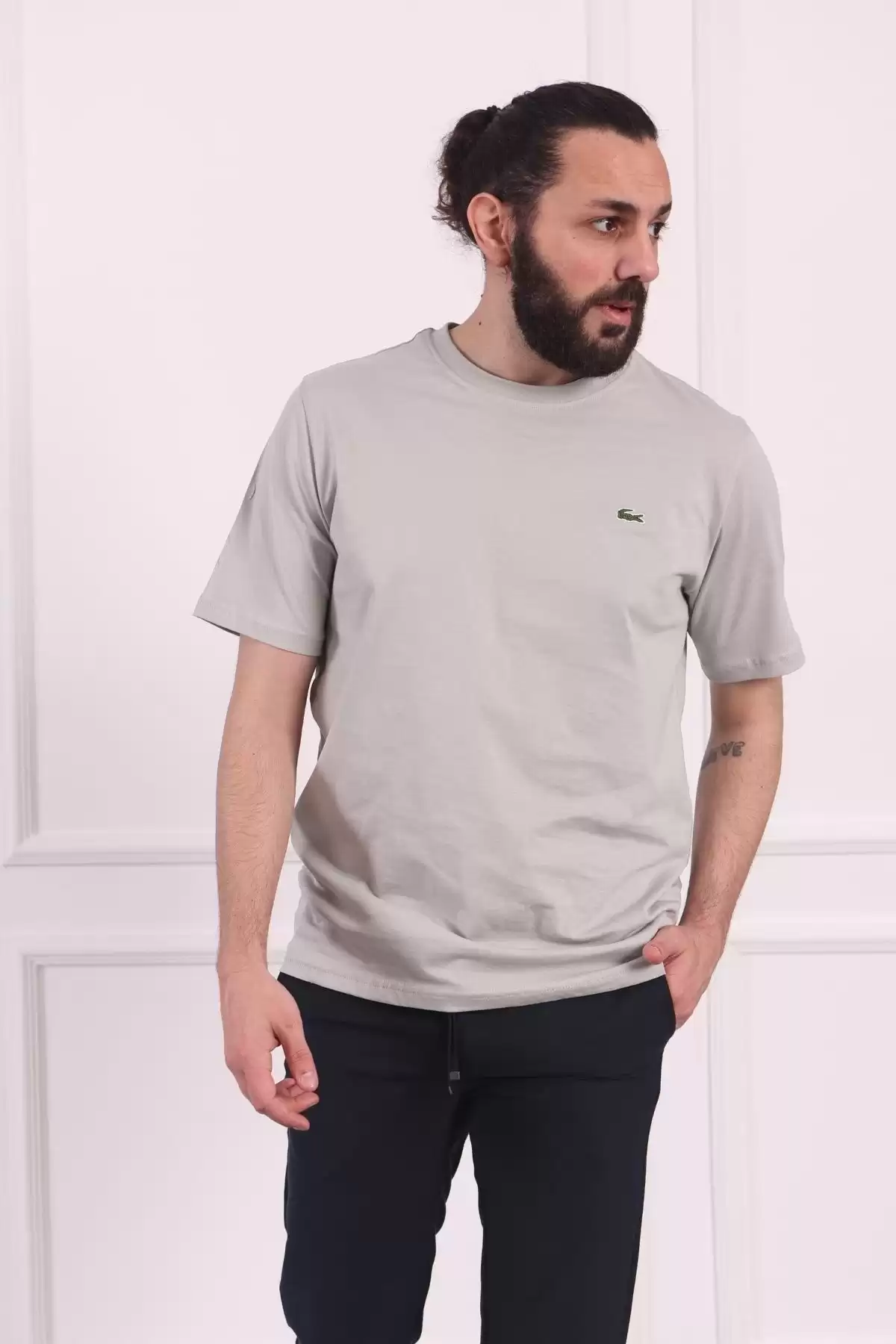 Erkek Bisiklet Yaka Pamuklu Regular Fit Tişört Gri