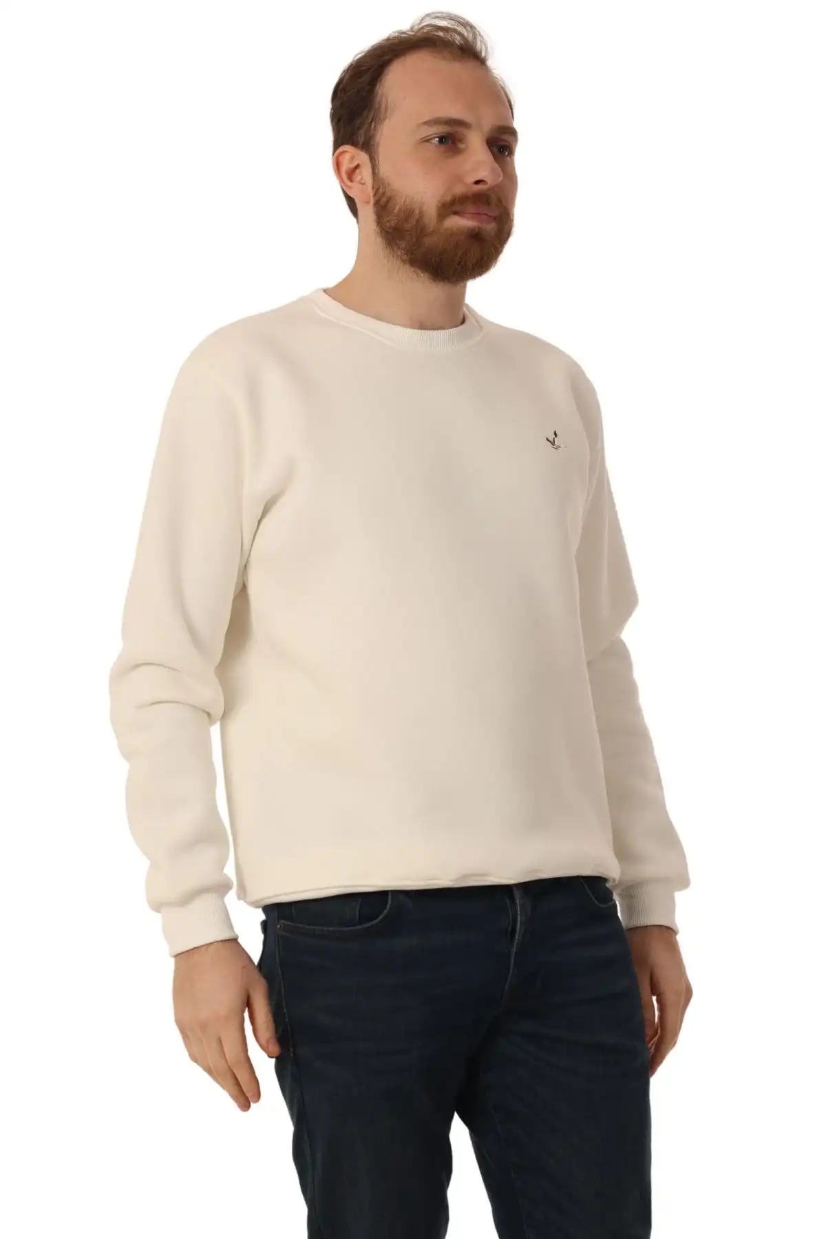 Erkek Bisiklet Yaka Regular Kalıp Logolu Sweatshirt Beyaz