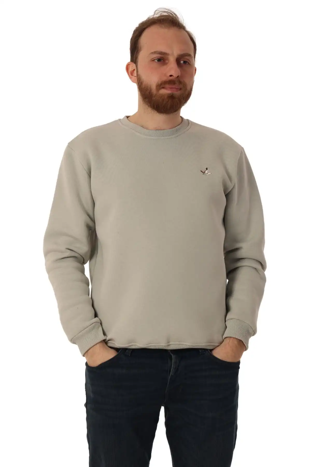 Erkek Bisiklet Yaka Regular Kalıp Logolu Sweatshirt Gri