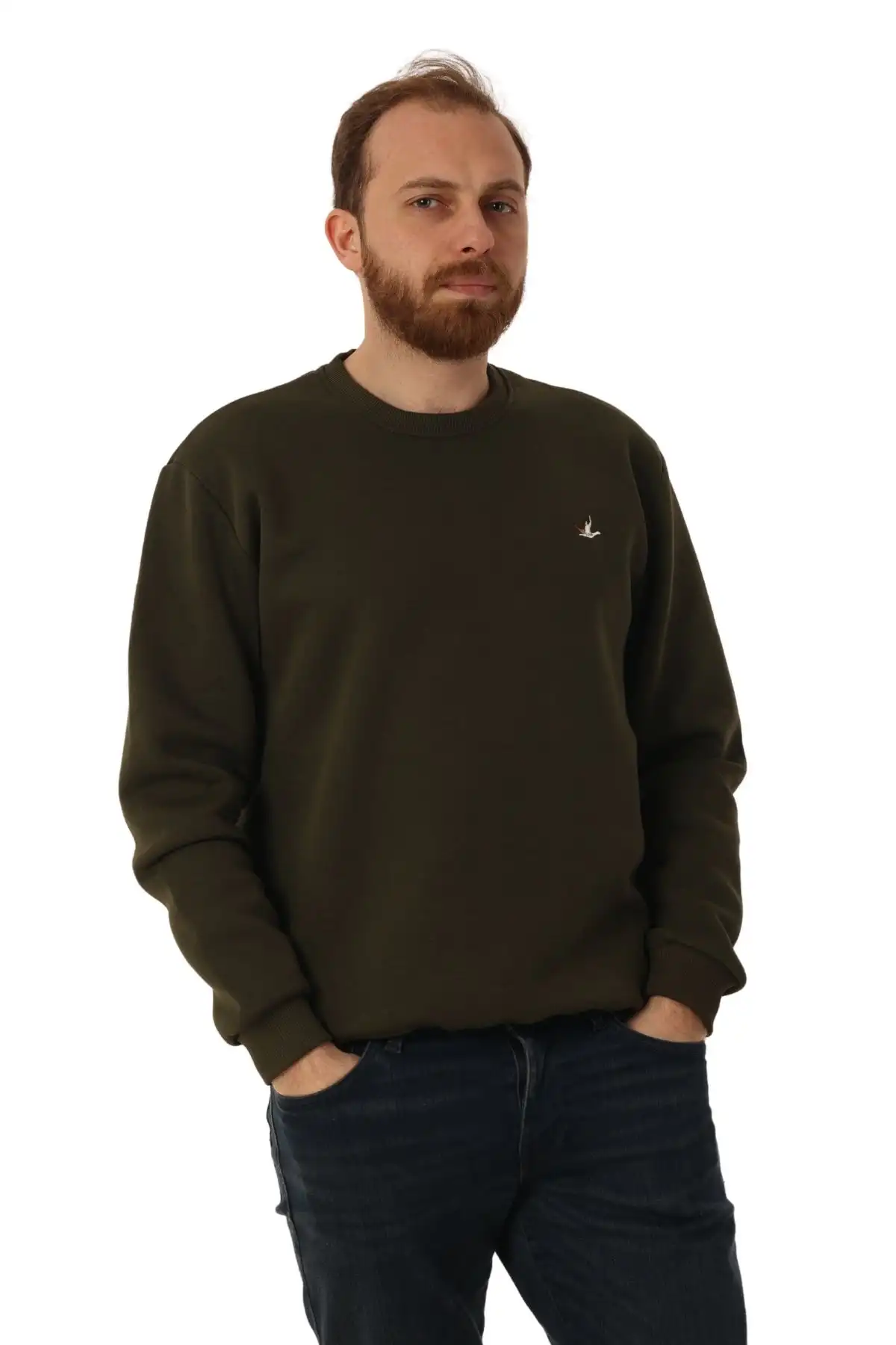 Erkek Bisiklet Yaka Regular Kalıp Logolu Sweatshirt Haki