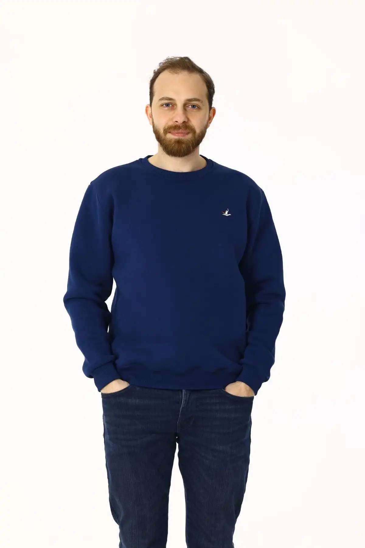 Erkek Bisiklet Yaka Regular Kalıp Logolu Sweatshirt Mavi