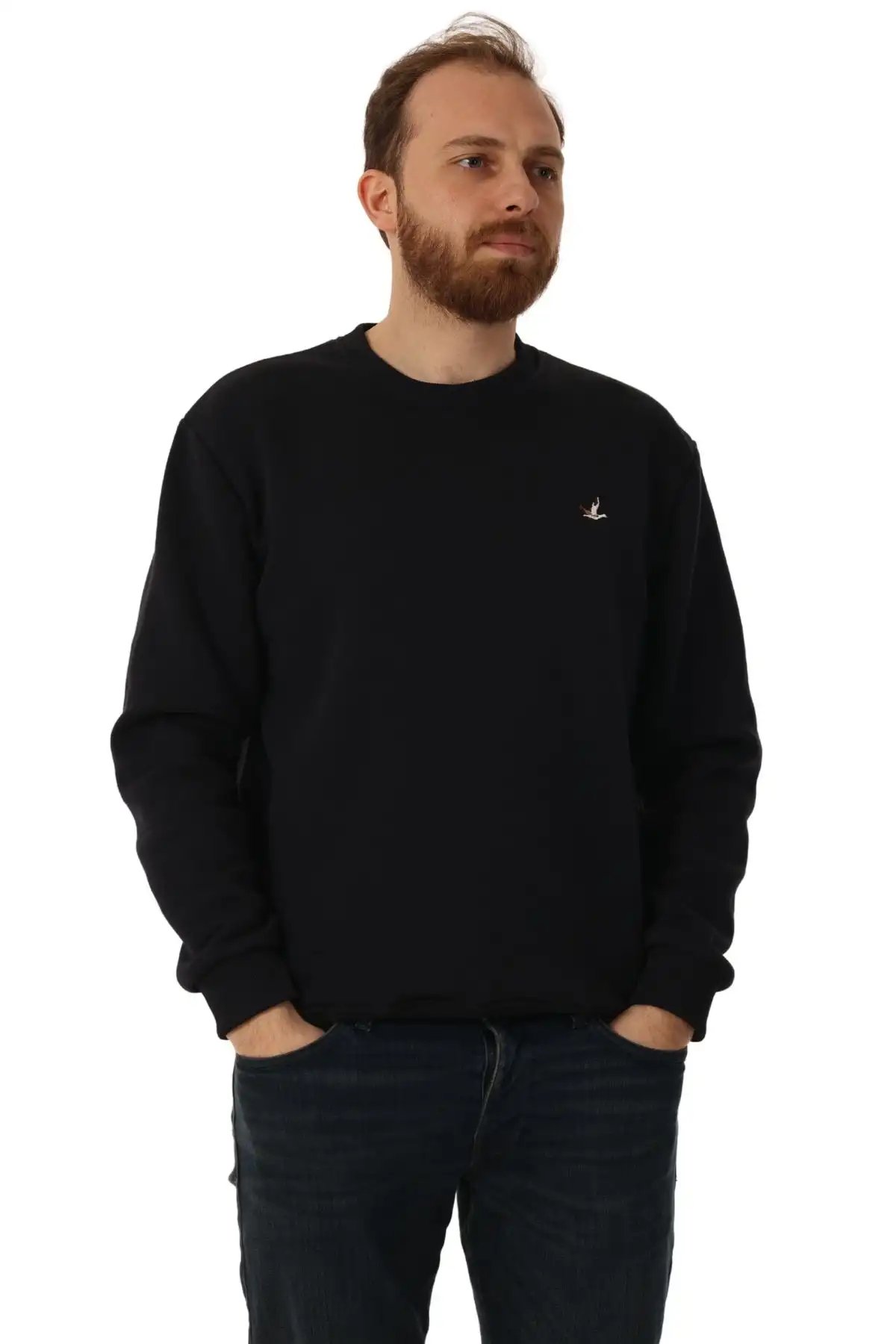 Erkek Bisiklet Yaka Regular Kalıp Logolu Sweatshirt Siyah
