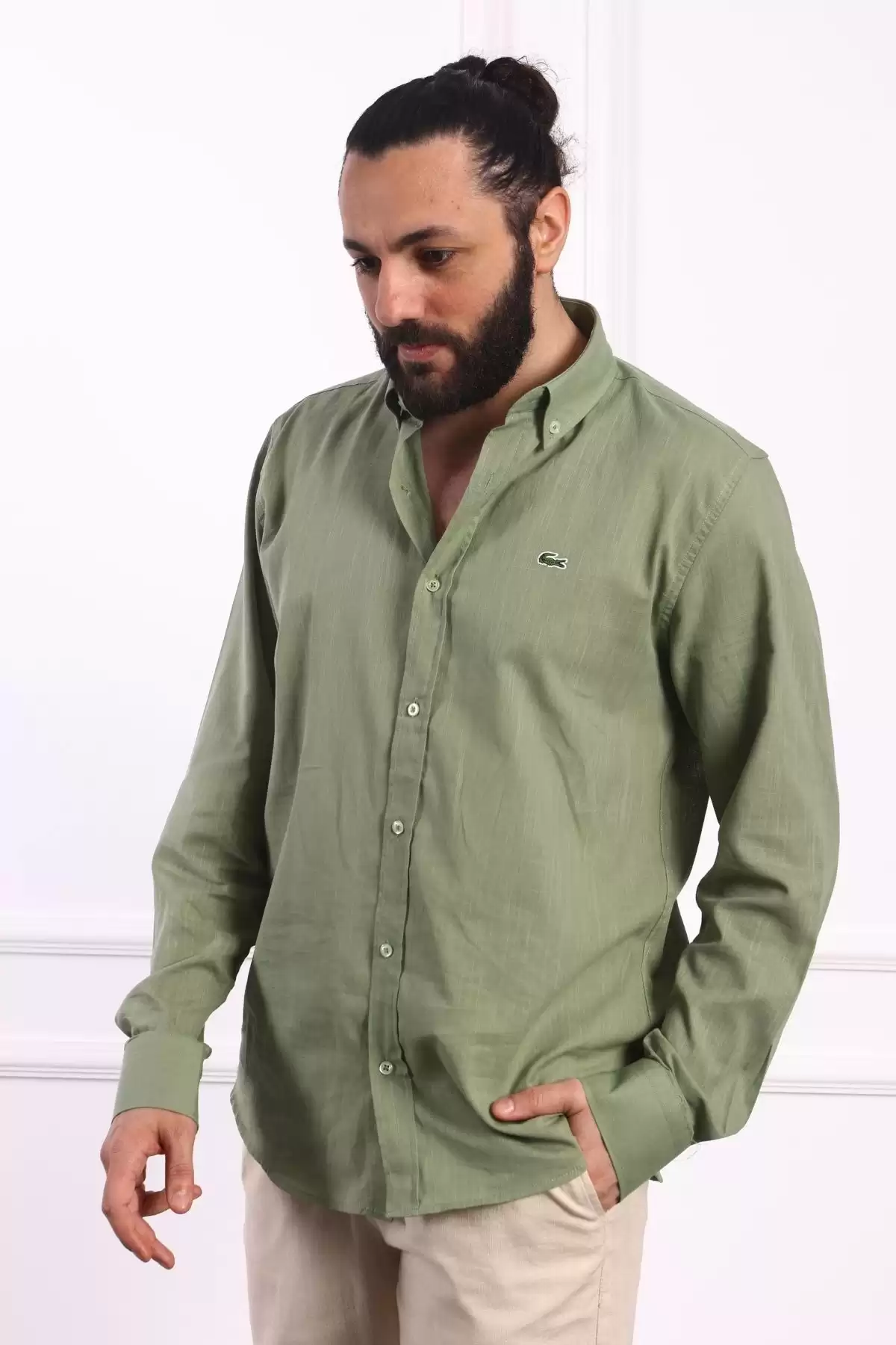Erkek Regular Fit Yazlık Keten Gömlek Haki