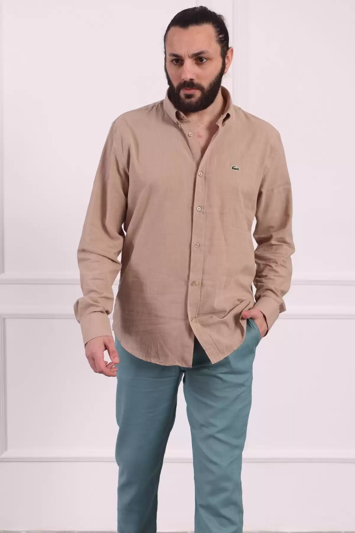 Erkek Regular Fit Yazlık Keten Gömlek Vizon