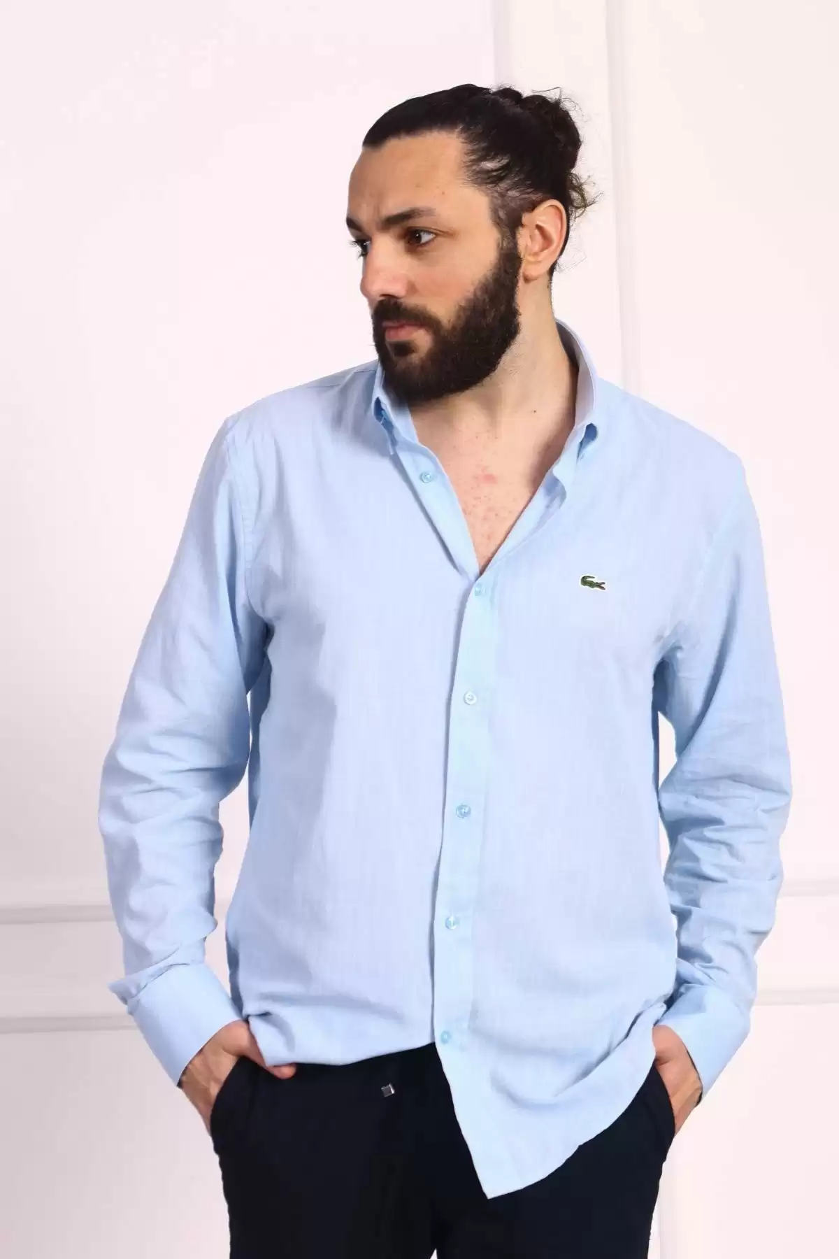Erkek Regular Fit Yazlık Keten Gömlek Açık Mavi