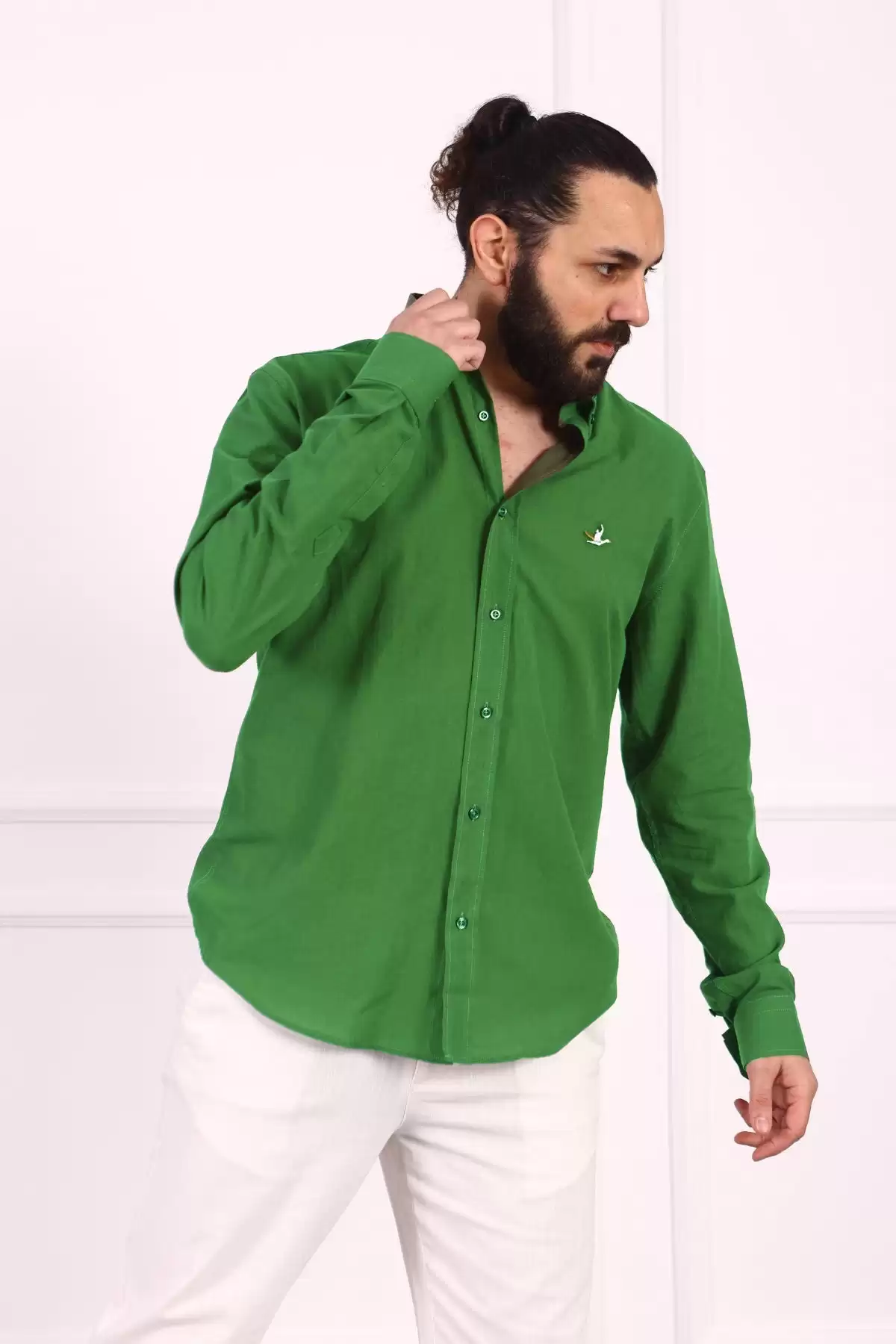 Erkek Regular Fit Yazlık Keten Gömlek Açık Yeşil