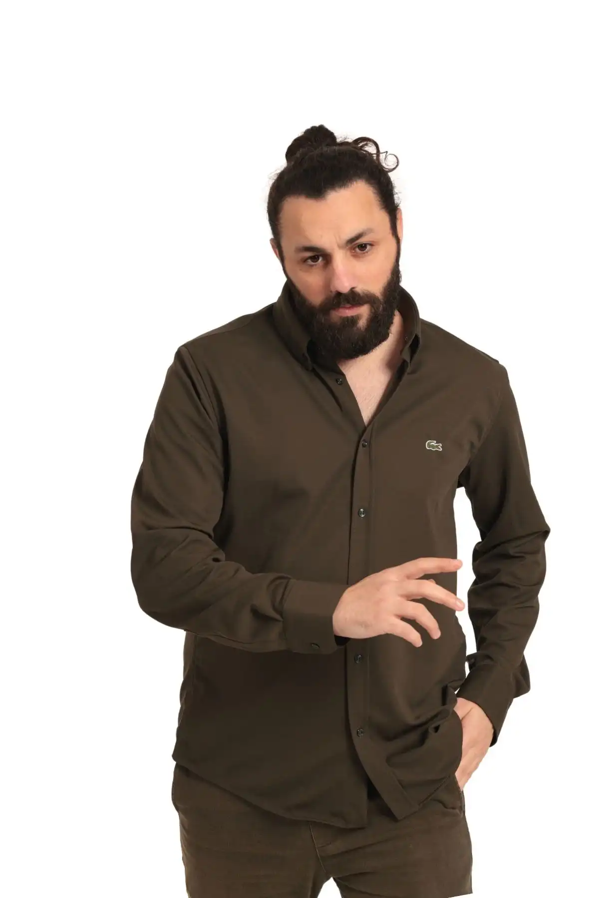 Erkek Regular Fit Non İron Buruşmaz Kumaş Likralı Gömlek Haki