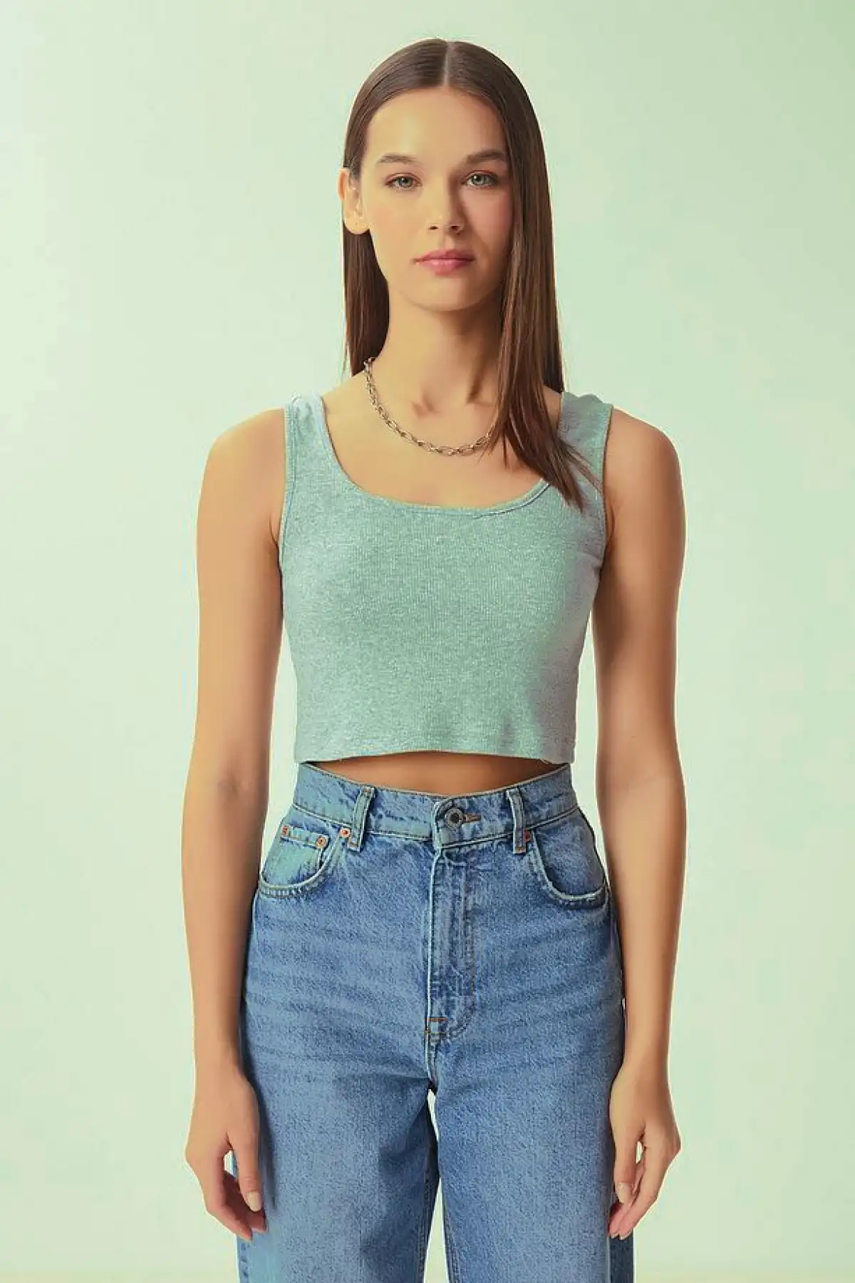 Fitilli Kalın Askılı Pamuklu Örme Crop Su Yeşili
