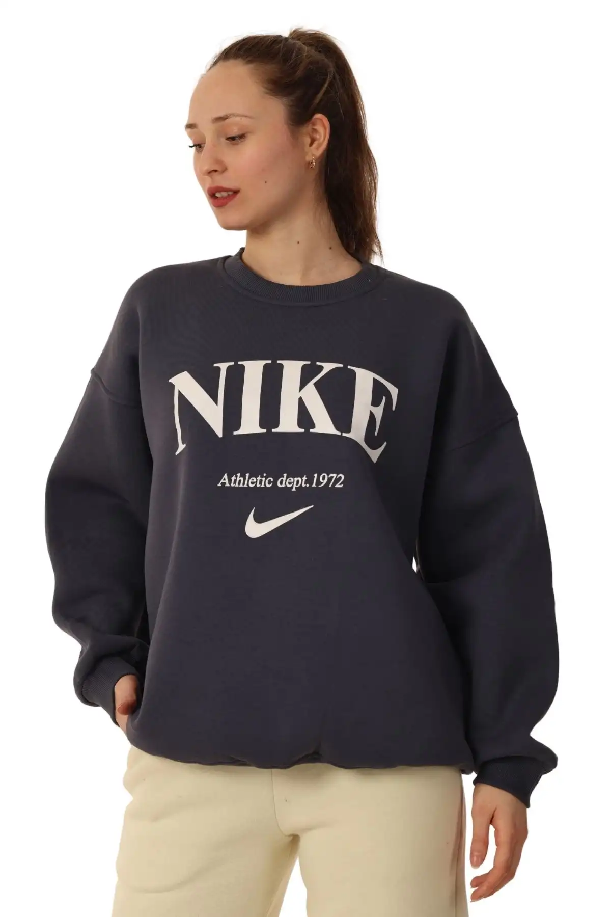 Kadın Bisiklet Yaka Desenli İçi Pamuklu Oversize Kalıp Sweatshirt Antrasit