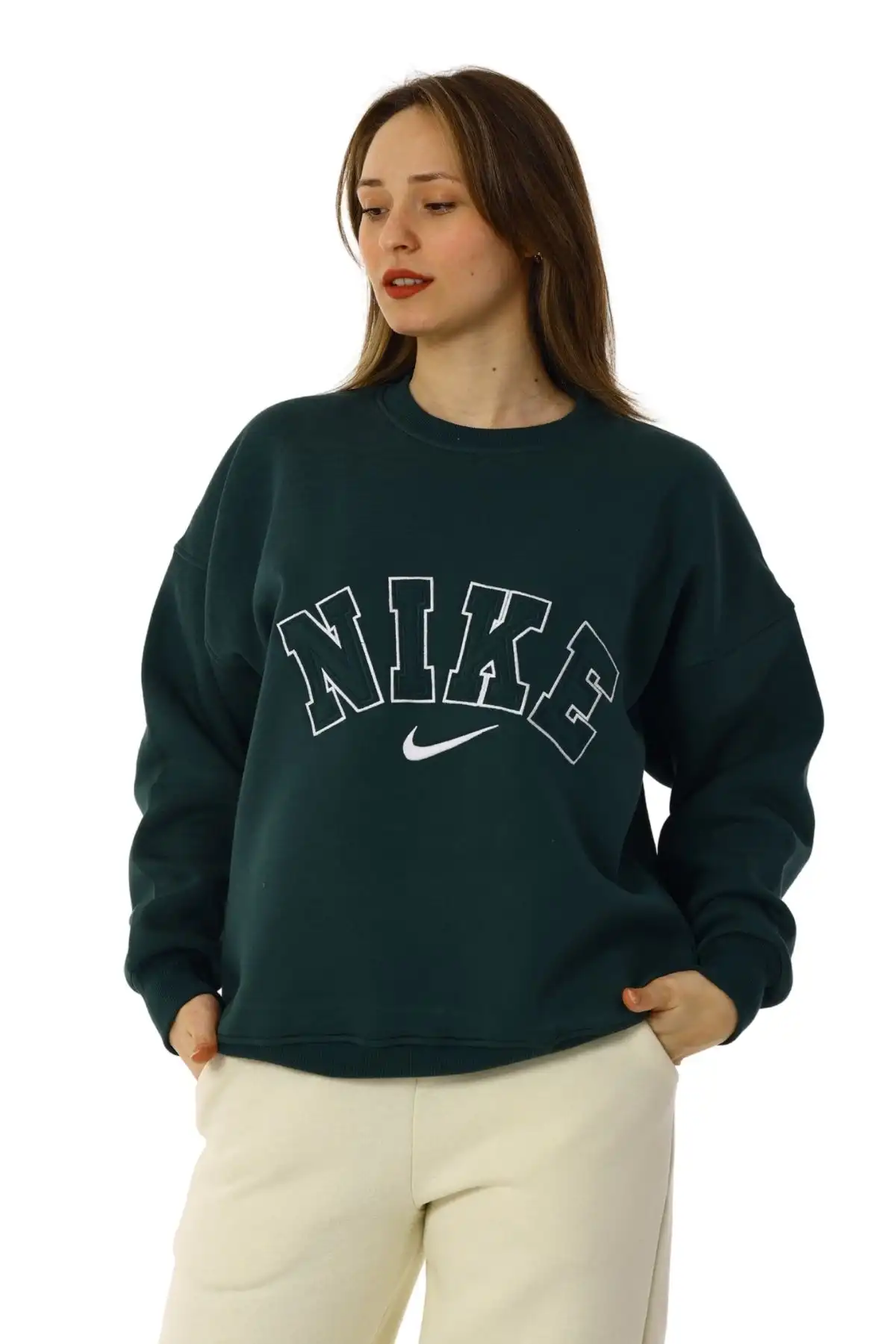 Kadın Bisiklet Yaka Nakış Desenli İçi Pamuklu Oversize Kalıp Sweatshirt Haki