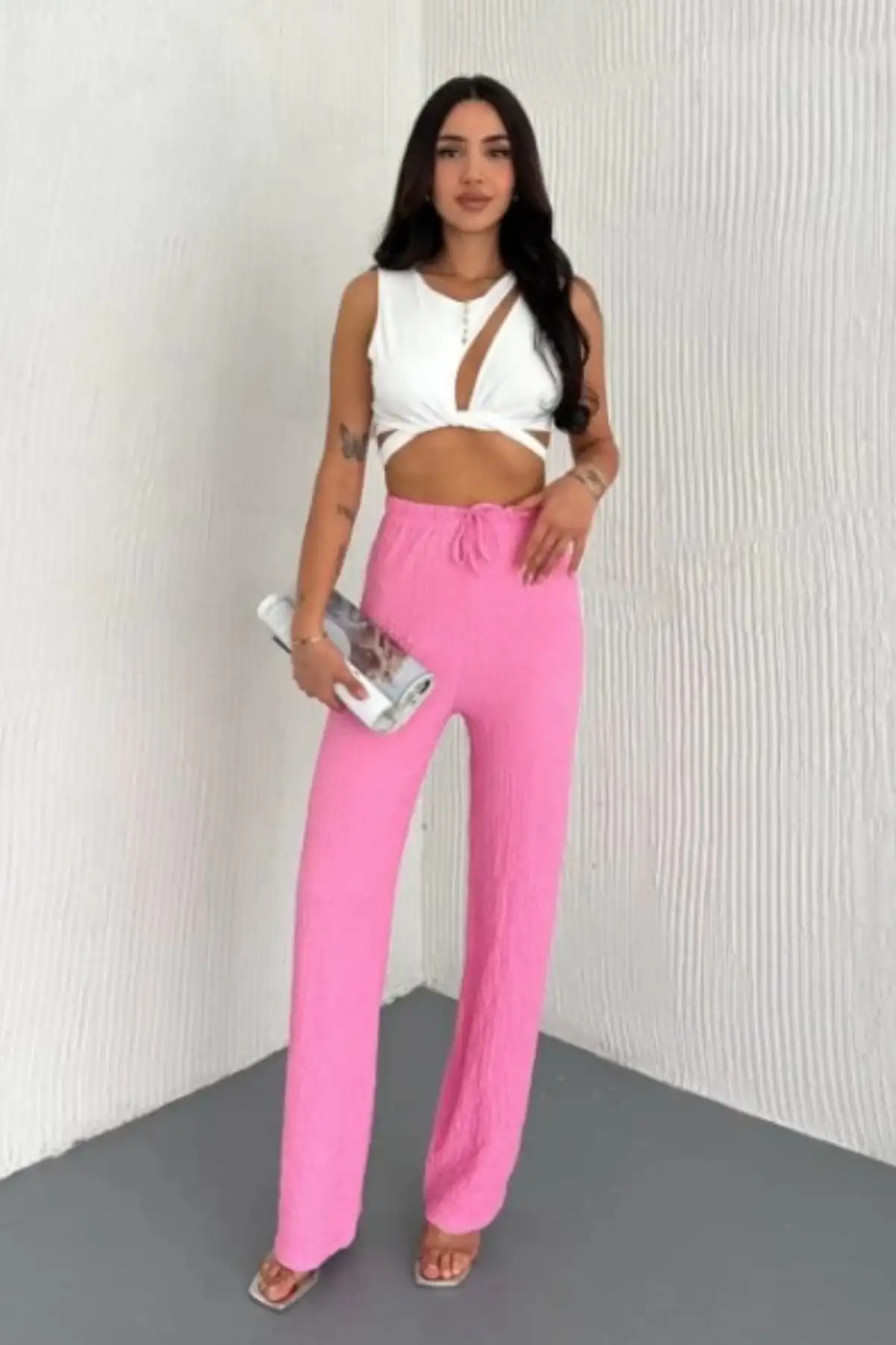 Kadın Bol Paça Bubble Gufre Kumaş Cepli Beli Lastikli Rahat Kalıp Pantolon Pembe