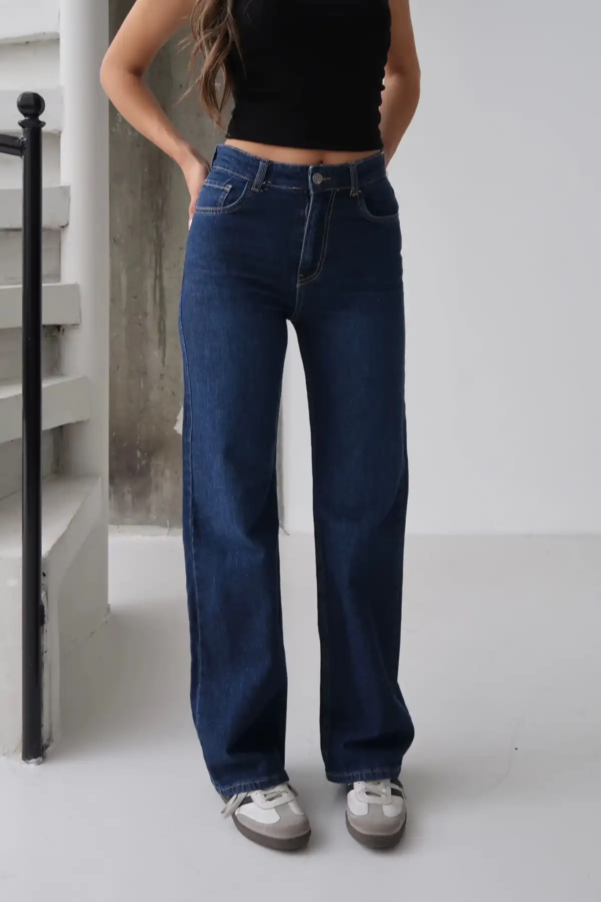 Kadın Geniş Bol Paça Regular Fit Jean Kot Pantolon Lacivert