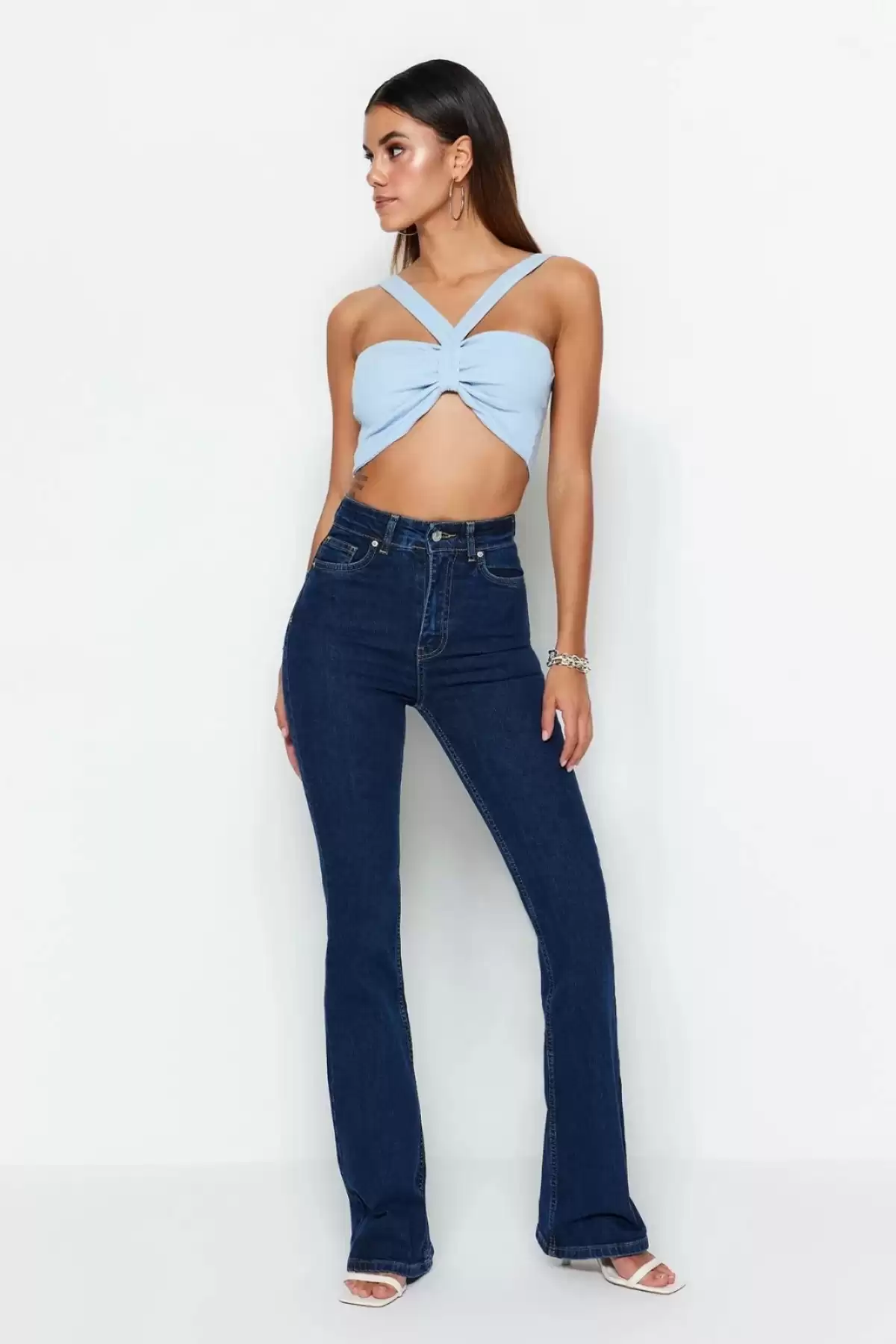 Kadın Yüksek Bel İspanyol Paça Slim Fit Jean Kot Pantolon Lacivert