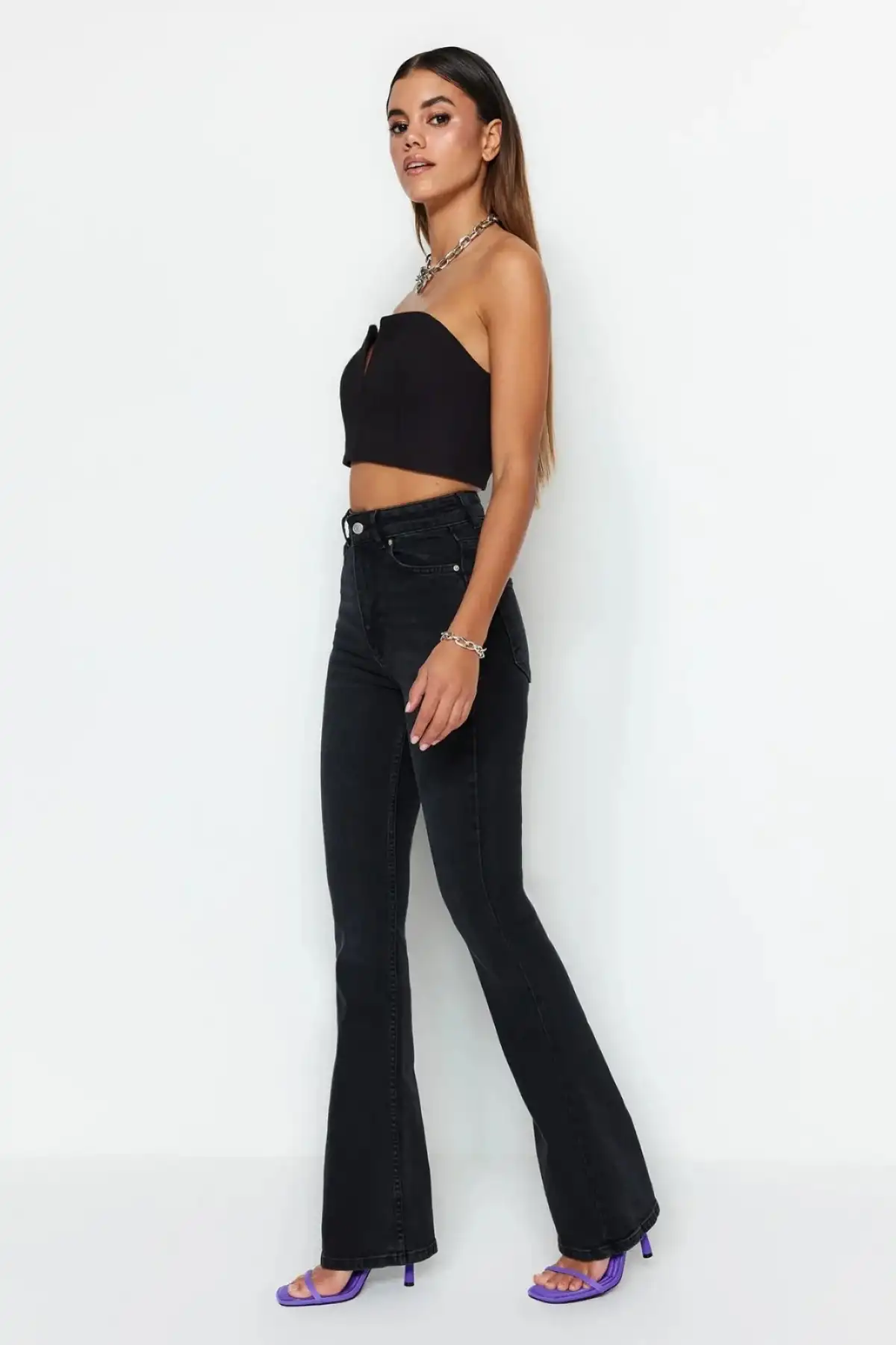 Kadın Yüksek Bel İspanyol Paça Slim Fit Jean Kot Pantolon Siyah