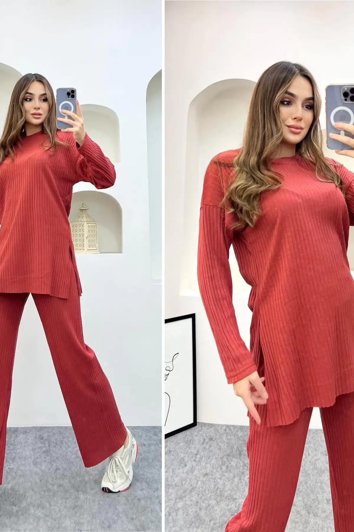 Yazlık Fitilli Triko Bol Paça İkili Takım Bluz - Pantolon Bordo
