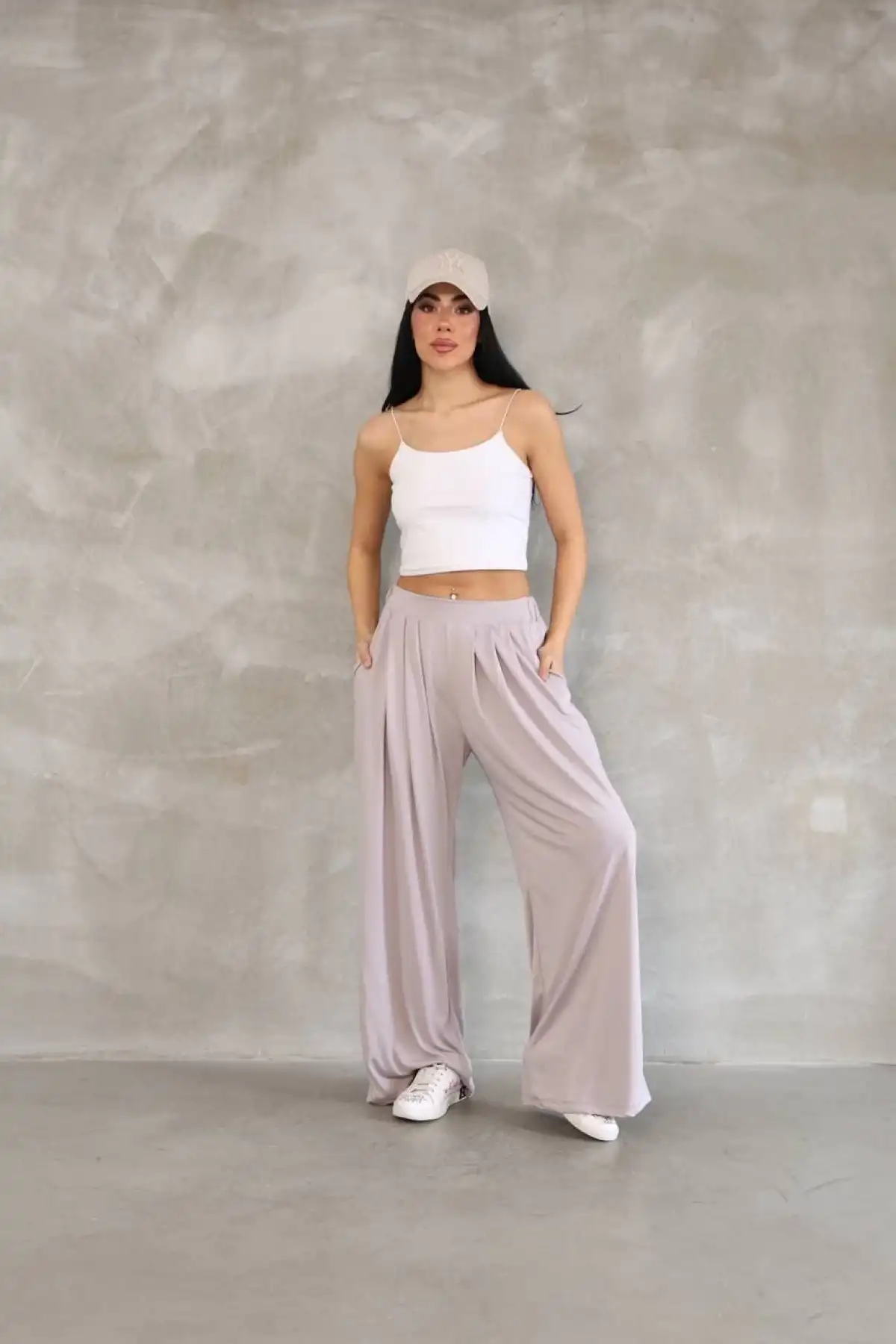 Osy Modal Yumuşak Dokulu Kadın Kumaş Boru Paça Salaş Eşofman - Bej