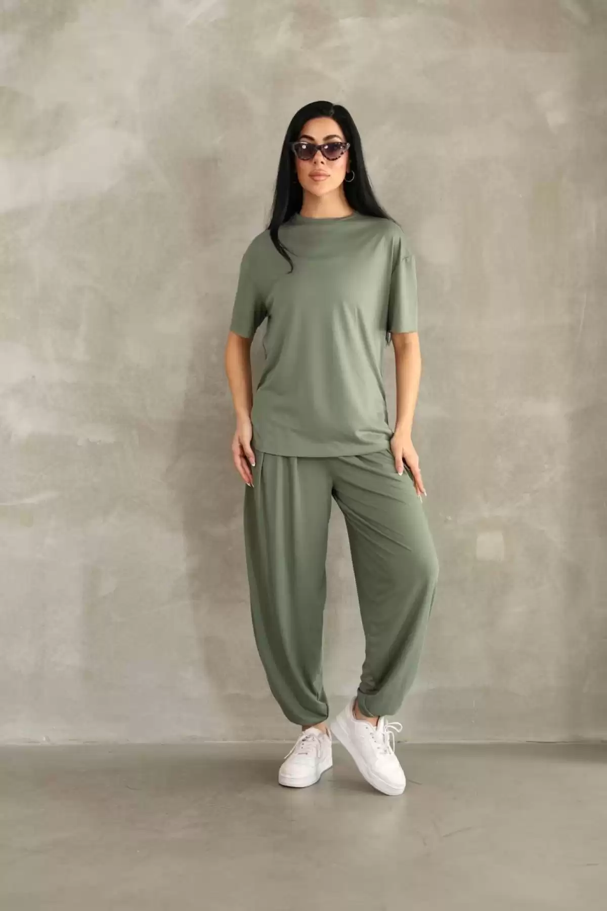 Osy Modal Yumuşak Dokulu Kumaş Oversize Bisiklet Yaka T-shirt Jogger Eşofman Altı Eşofman Takımı - Haki