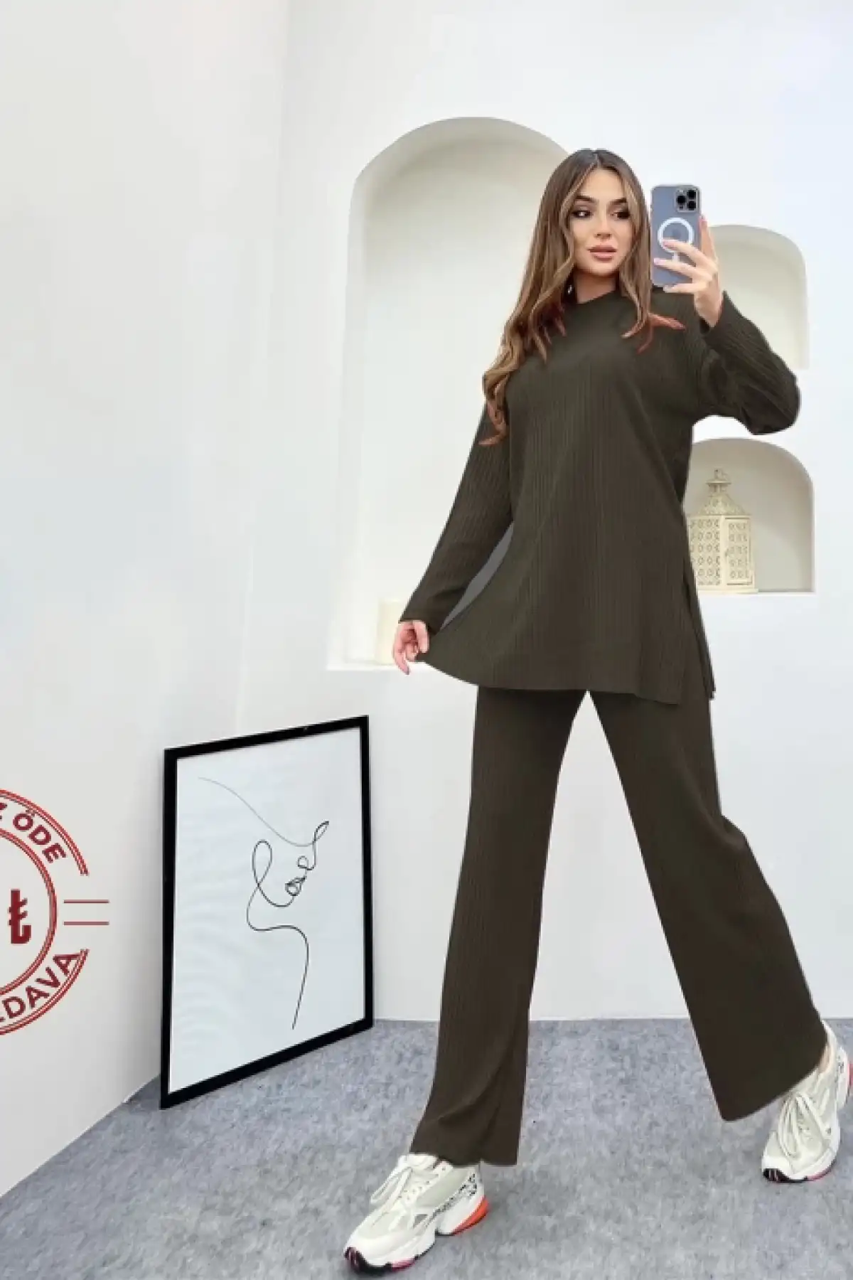 Yazlık Fitilli Triko Bol Paça İkili Takım Bluz - Pantolon Haki Yeşil
