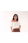 Kadın Beyaz Madonna Yaka Beli Ve Kolları Lastikli Önü Büzgülü Crop Dokuma Bluz