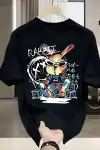 Güneş Gözlüğü Grafikli Karikatür Tavşan Oversize Kısa Kollu Tişört Çift Tişört, İlkbahar Ve Yaz- Siyah