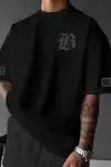 LB Ön Arka Baskılı Oversize Bisiklet Yaka Yazlık T-shirt - Siyah