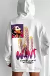 Baskılı Üç İplik Kapüşonlu Oversize Sweatshirt - Beyaz