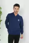 Baskılı V Yaka Uzun Kol Dokuma Triko - Indigo