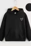 Çocuk Unisex Kapüşonlu Çizgi Kalp Baskılı Sweatshirt - Siyah