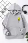 Çocuk Unisex Kapüşonlu Emoji Baskılı Sweatshirt - Gri